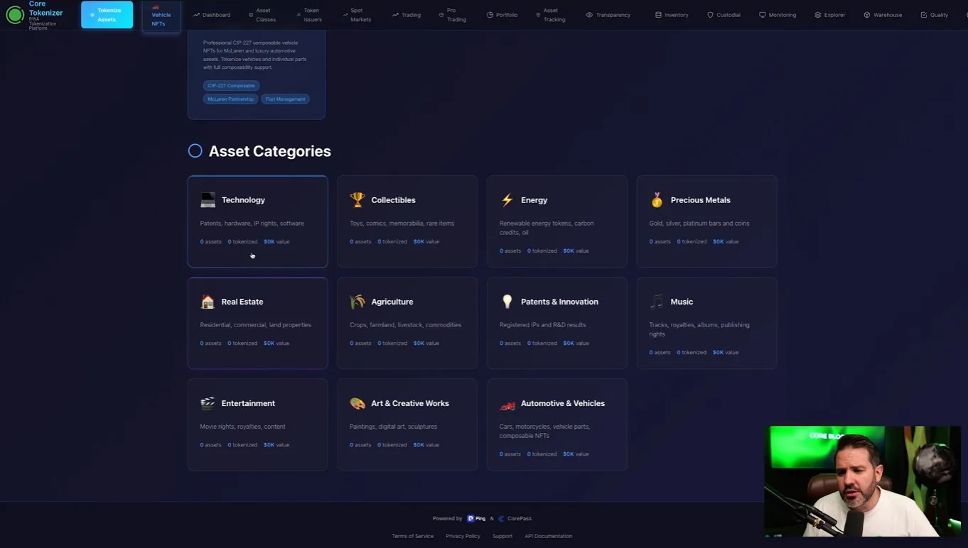 Core Tokenizer platform dashboard showing asset categories including precious metals, real estate, agriculture, and automotive for RWA tokenization