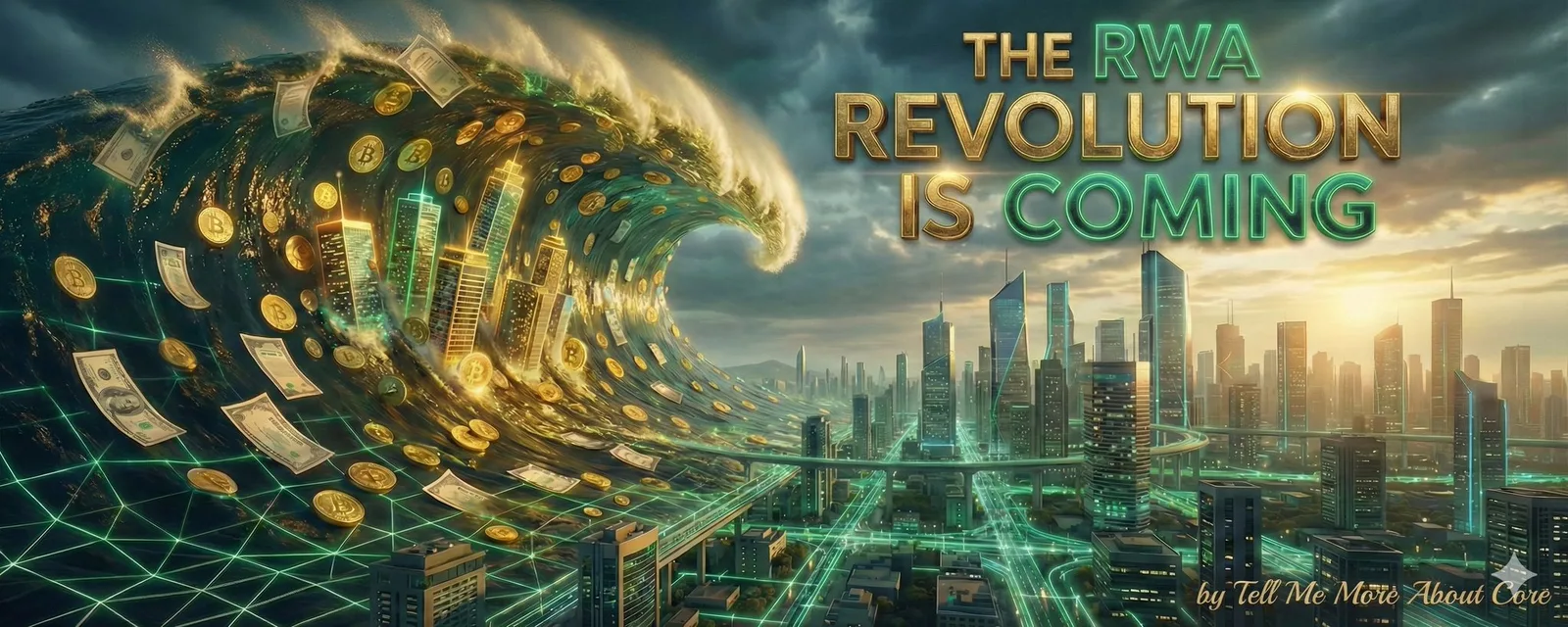 Wave of gold coins and banknotes crashing over a city skyline under the headline 'The RWA Revolution Is Coming'