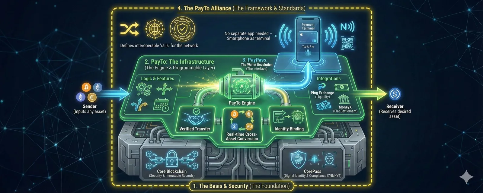 Four-layer diagram showing PayTo Alliance, infrastructure engine, PayPass wallet interface, and Core Blockchain security