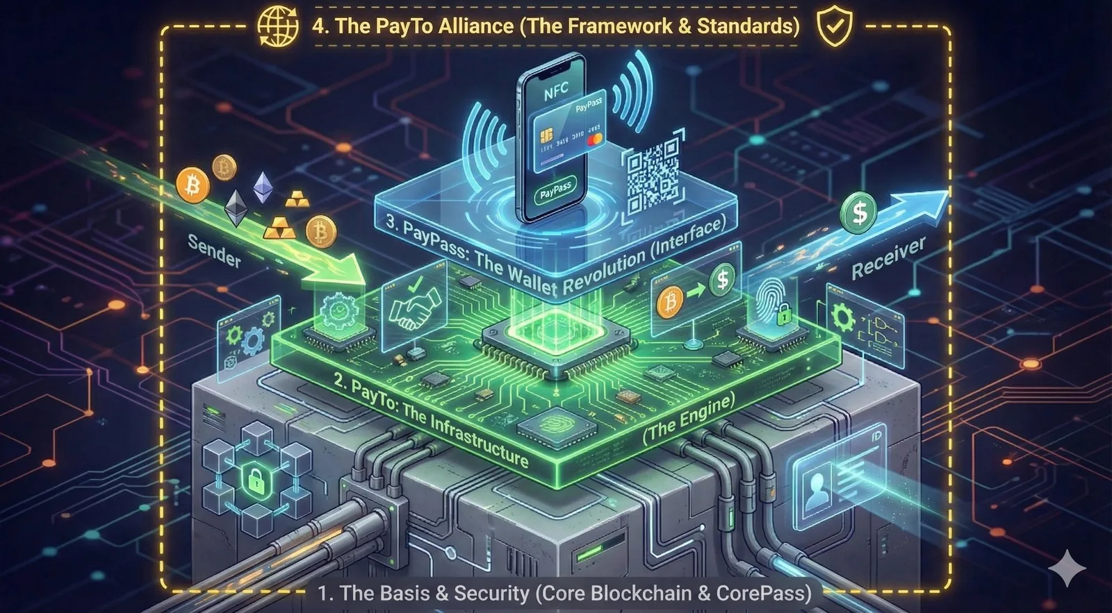 Isometric infographic of PayTo's four-layer stack: sender inputs any asset, engine converts and routes, receiver gets desired asset