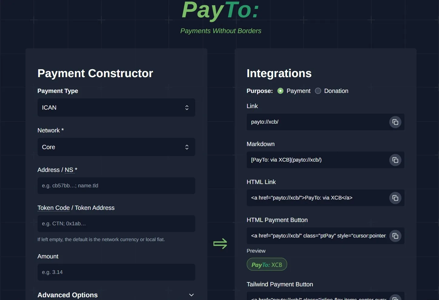 PayTo.money payment constructor interface with ICAN network selector, address field, and integration code output