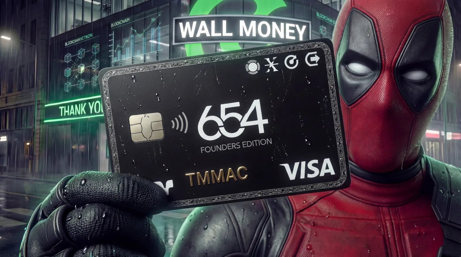 Wall Money Founders Edition Visa card held by a masked character in front of a neon-lit city backdrop