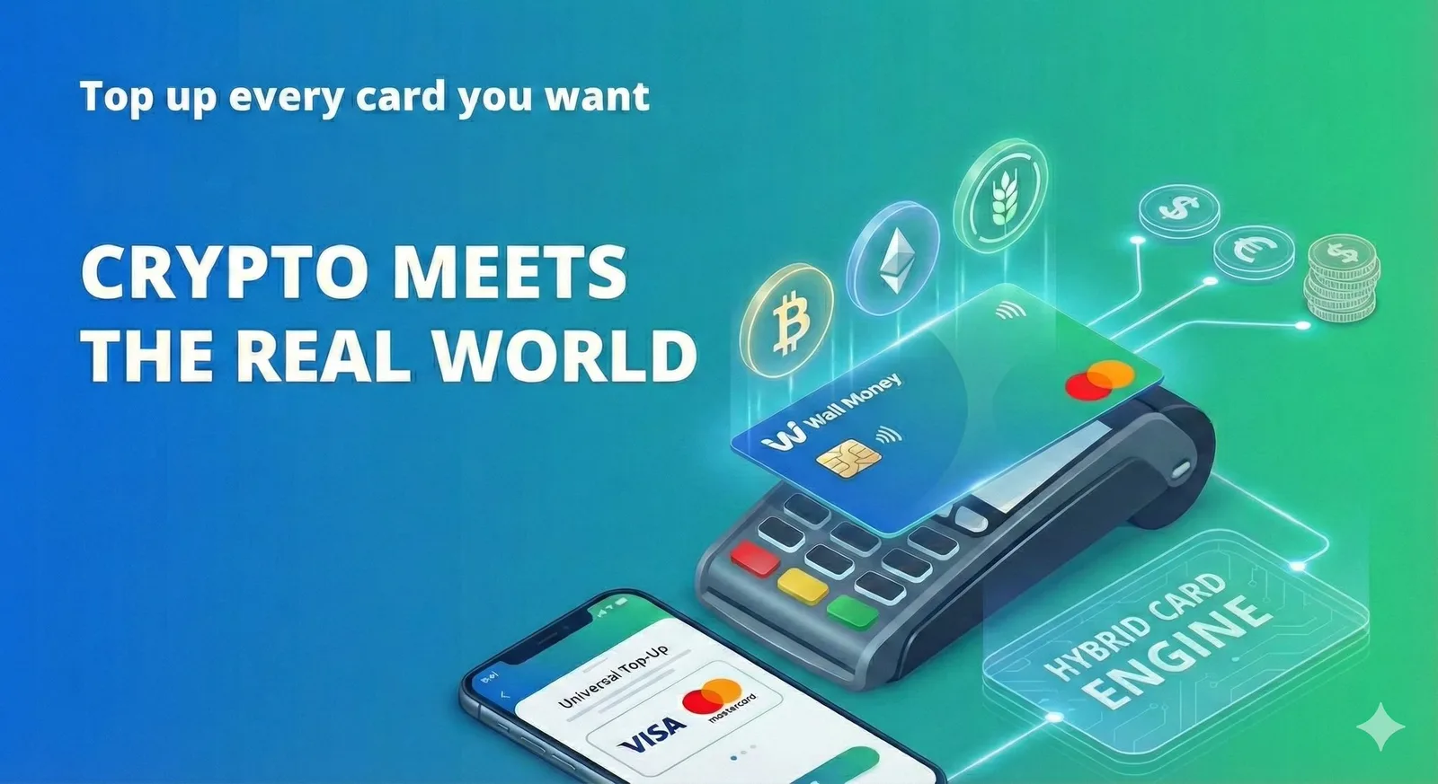 Wall Money card tapped on a POS terminal with crypto coins (BTC, ETH) and fiat currency icons flowing in, labeled "Hybrid Card Engine" and "Universal Top-Up"