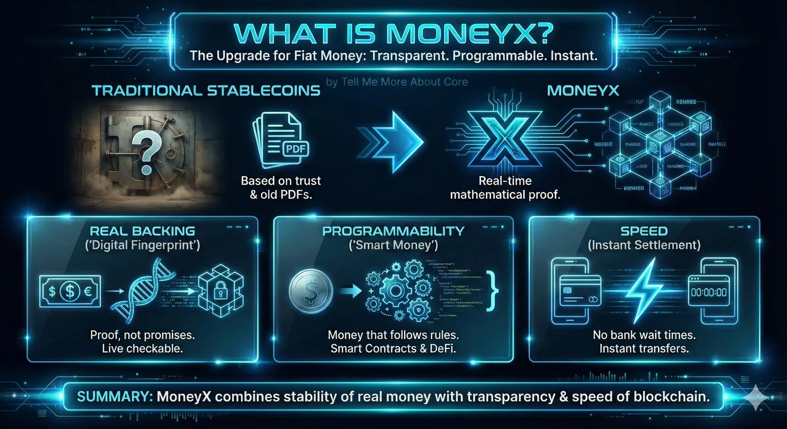 Infographic explaining MoneyX: trust-based PDFs versus real-time mathematical proof, with three pillars — real backing, programmability, and instant settlement