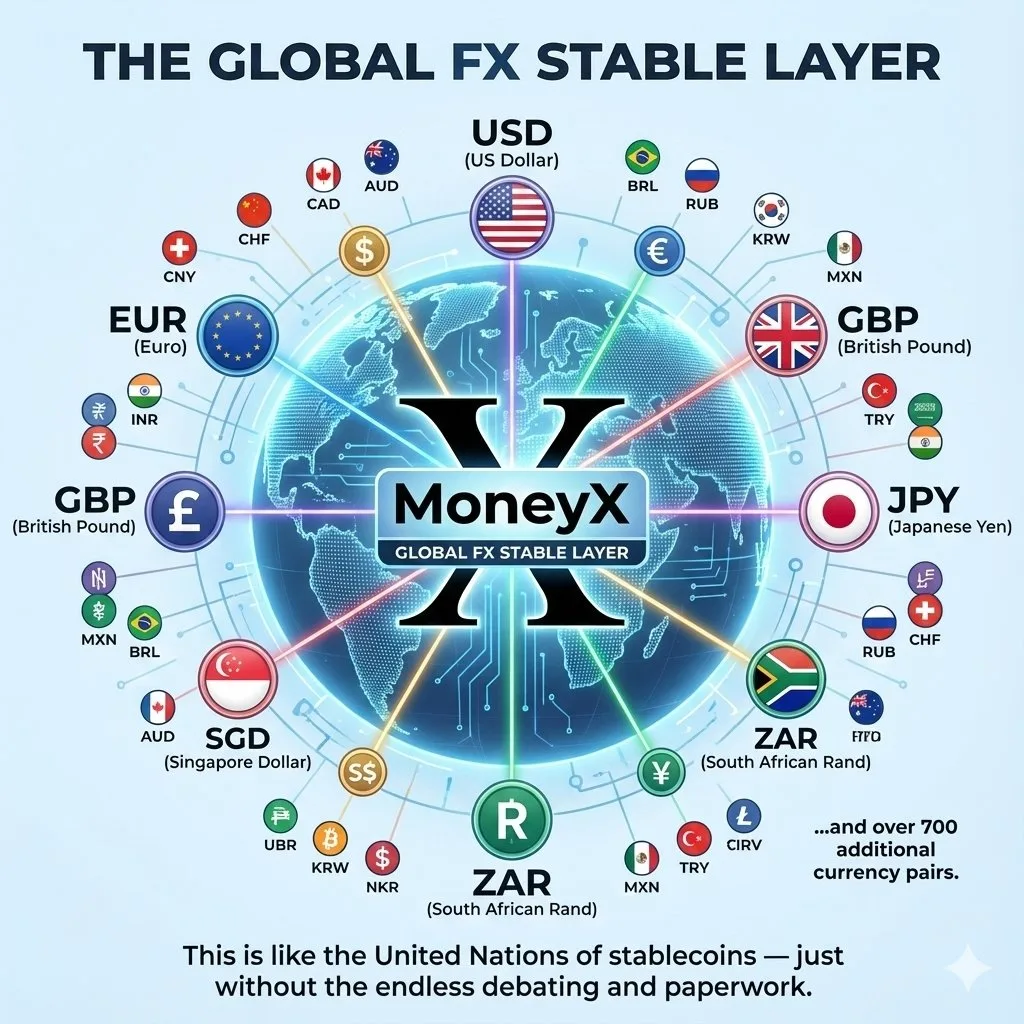 Globe diagram showing MoneyX as a global FX stable layer connecting USD, EUR, GBP, JPY, SGD, ZAR and over 700 currency pairs