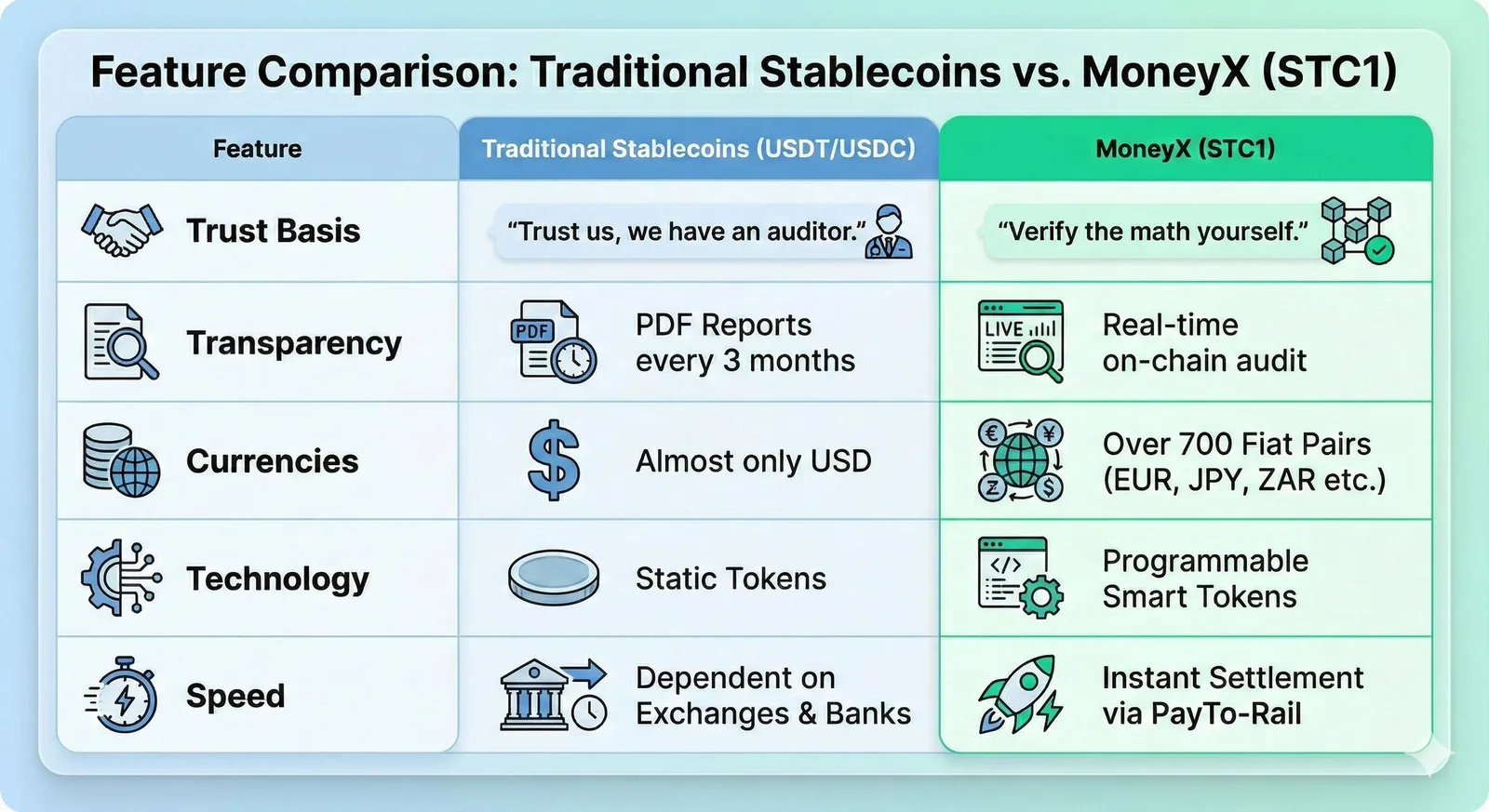 Feature comparison table: traditional stablecoins USDT/USDC versus MoneyX STC1 across trust basis, transparency, currencies, technology, and settlement speed