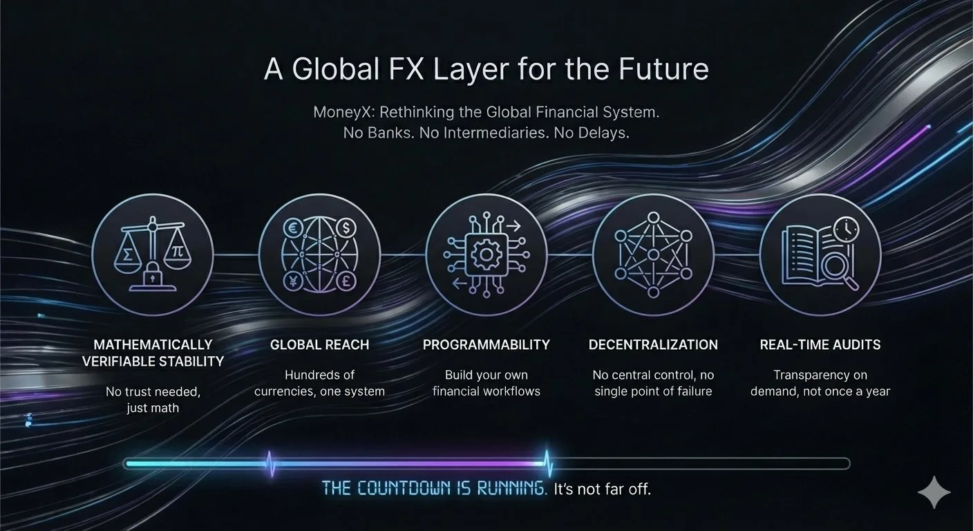 Dark slide summarizing MoneyX's five pillars: mathematically verifiable stability, global reach, programmability, decentralization, and real-time audits