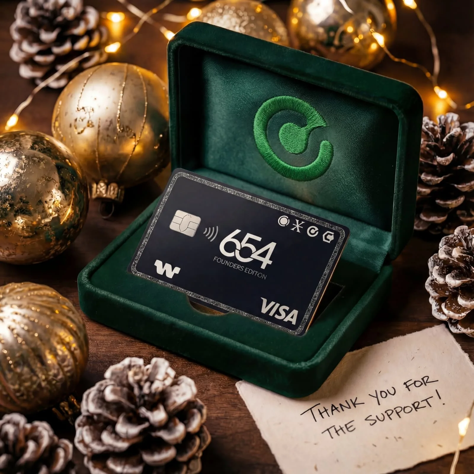 Wall Money Founders Edition Visa card number 654 in a green velvet gift box surrounded by Christmas ornaments