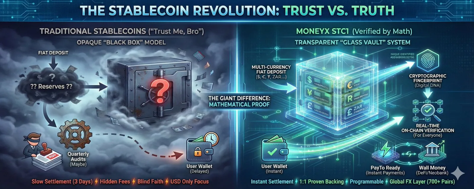 Comparison graphic contrasting opaque traditional stablecoin vaults with MoneyX's transparent cryptographic glass-vault system