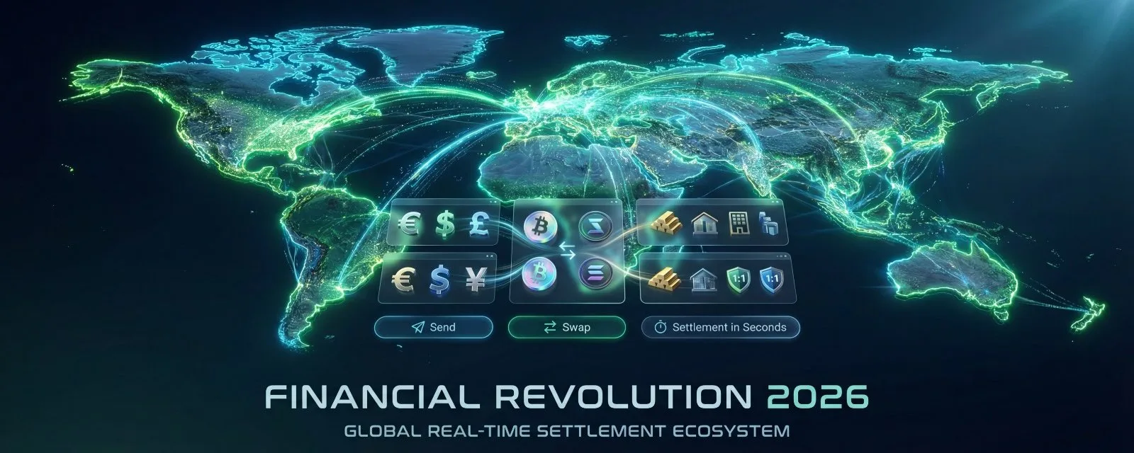 Glowing world map with real-time payment flows and currency swap UI showing the Core Settlement Ecosystem