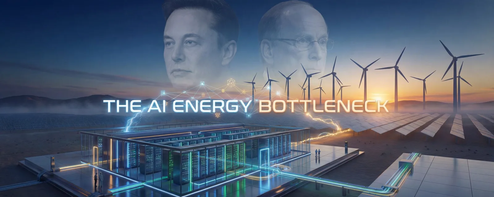 Composite hero image titled "The AI Energy Bottleneck" showing two figures, wind turbines, solar panels, and a glowing data center