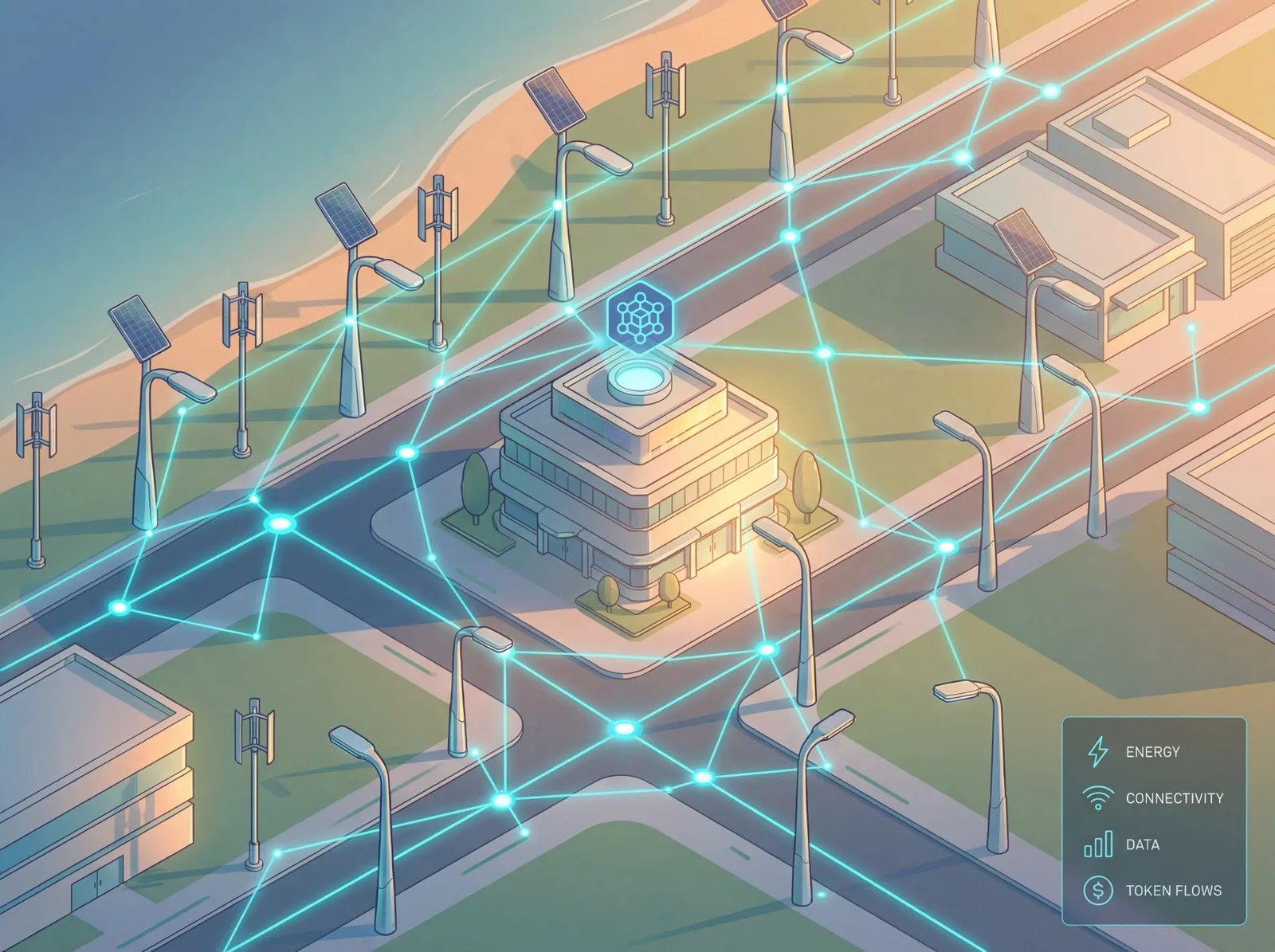 Isometric smart-city illustration with DePIN streetlight nodes forming a glowing mesh network, legend shows Energy, Connectivity, Data, and Token Flows