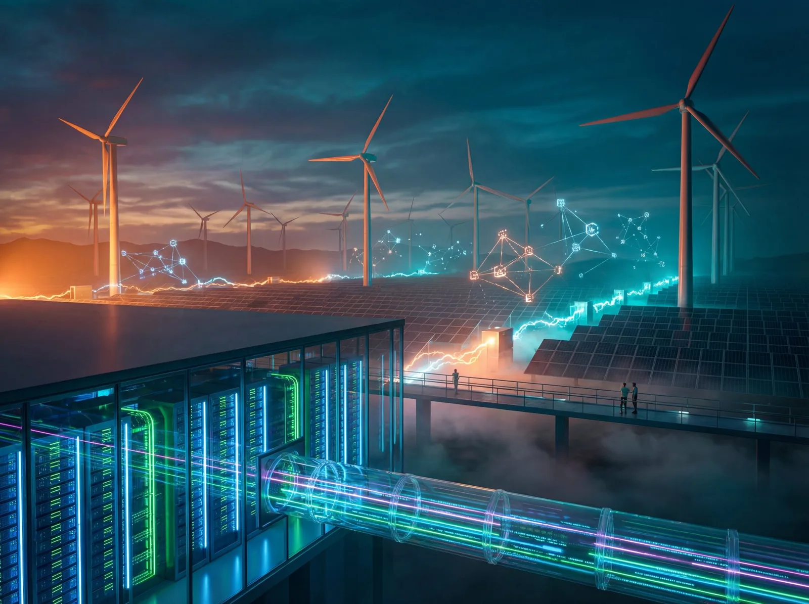 Wind turbines and solar panels connected to a glowing data center via digital network lines