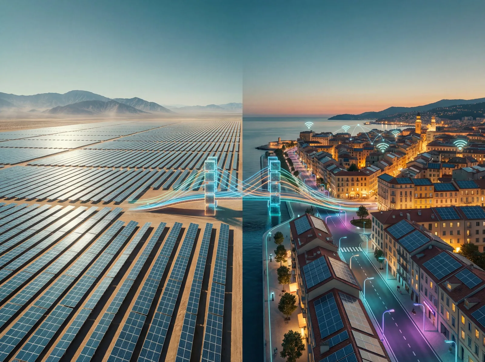 Split view: a vast solar field on the left connected via a digital bridge to a smart city with WiFi overlays on the right