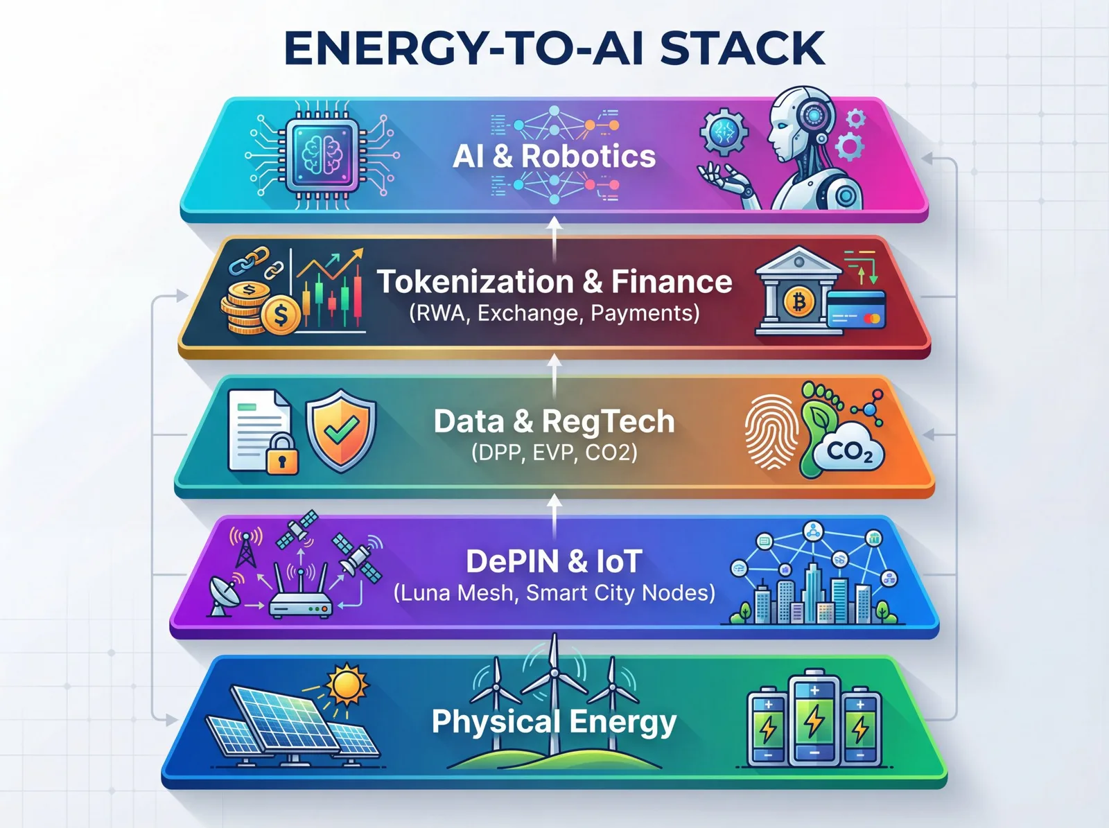 Five-layer "Energy-to-AI Stack" diagram: Physical Energy, DePIN & IoT, Data & RegTech, Tokenization & Finance, and AI & Robotics
