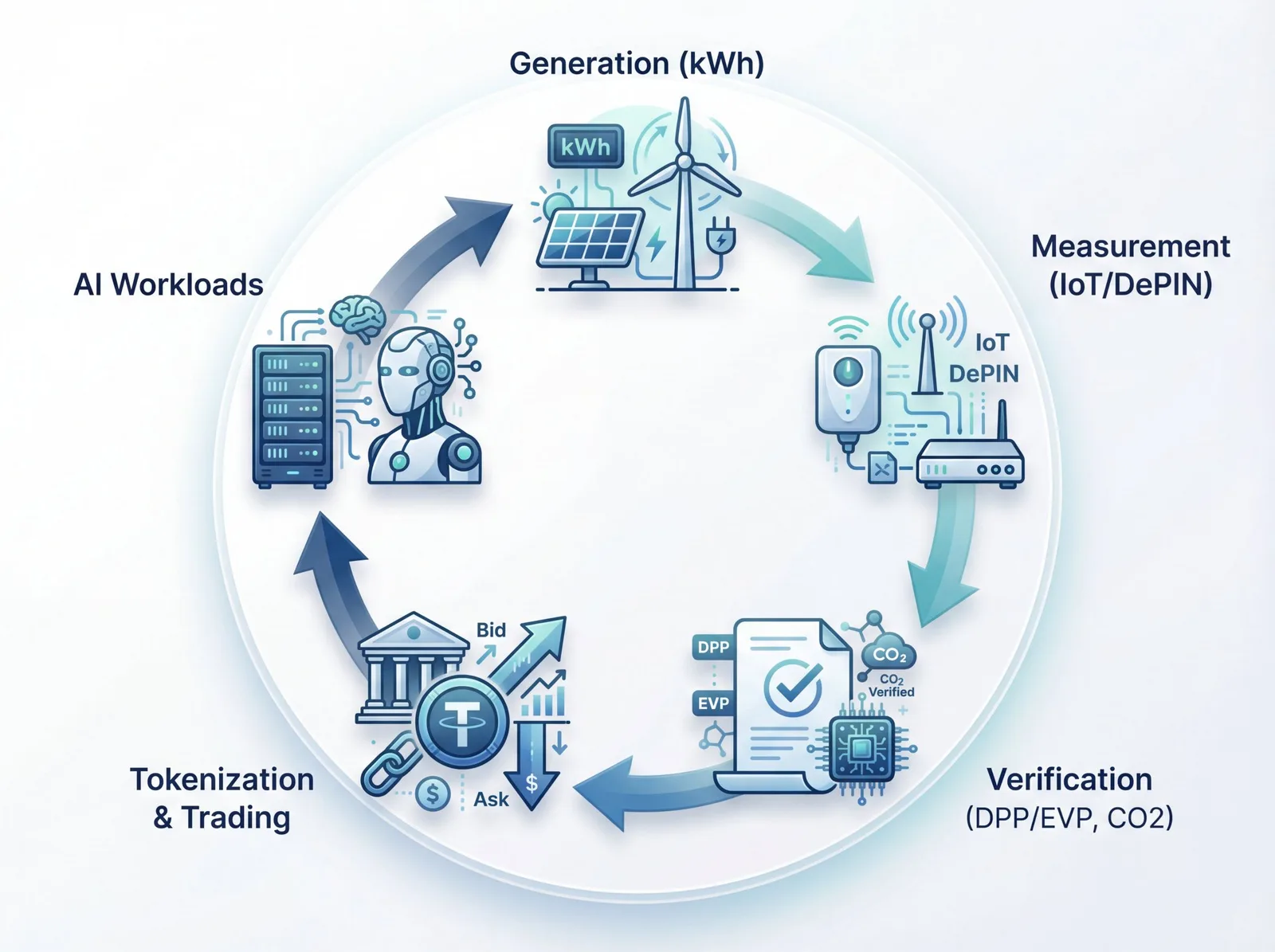 Circular flow diagram: Generation (kWh) → Measurement via IoT/DePIN → Verification via DPP/EVP/CO2 → Tokenization & Trading → AI Workloads
