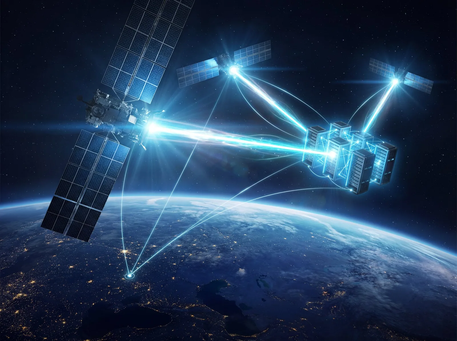 Solar-powered satellites in Earth orbit exchanging laser beam data links above a lit city network