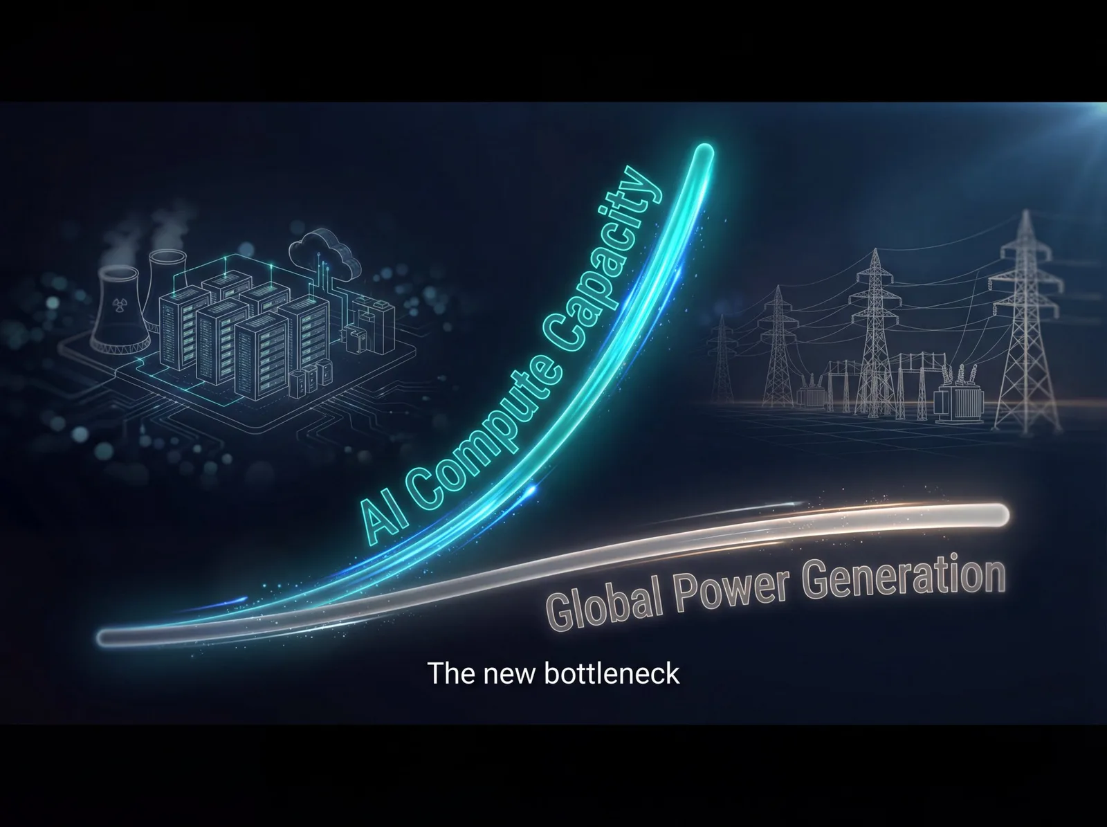 Chart showing AI Compute Capacity rising exponentially while Global Power Generation grows flat, captioned "The new bottleneck"
