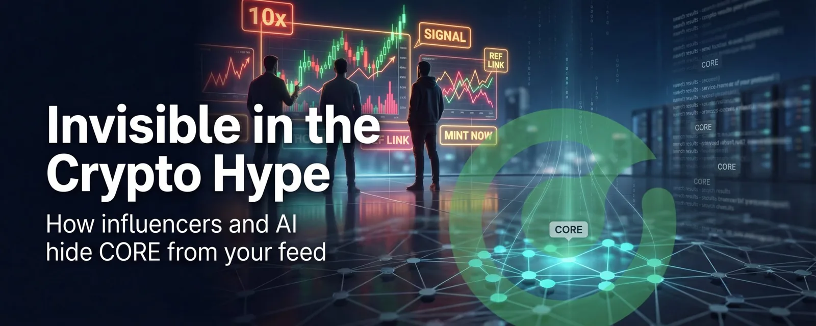 Three figures watch hype-driven trading charts labeled "10x", "Signal", and "Ref Link" while the CORE network node sits overlooked in the corner