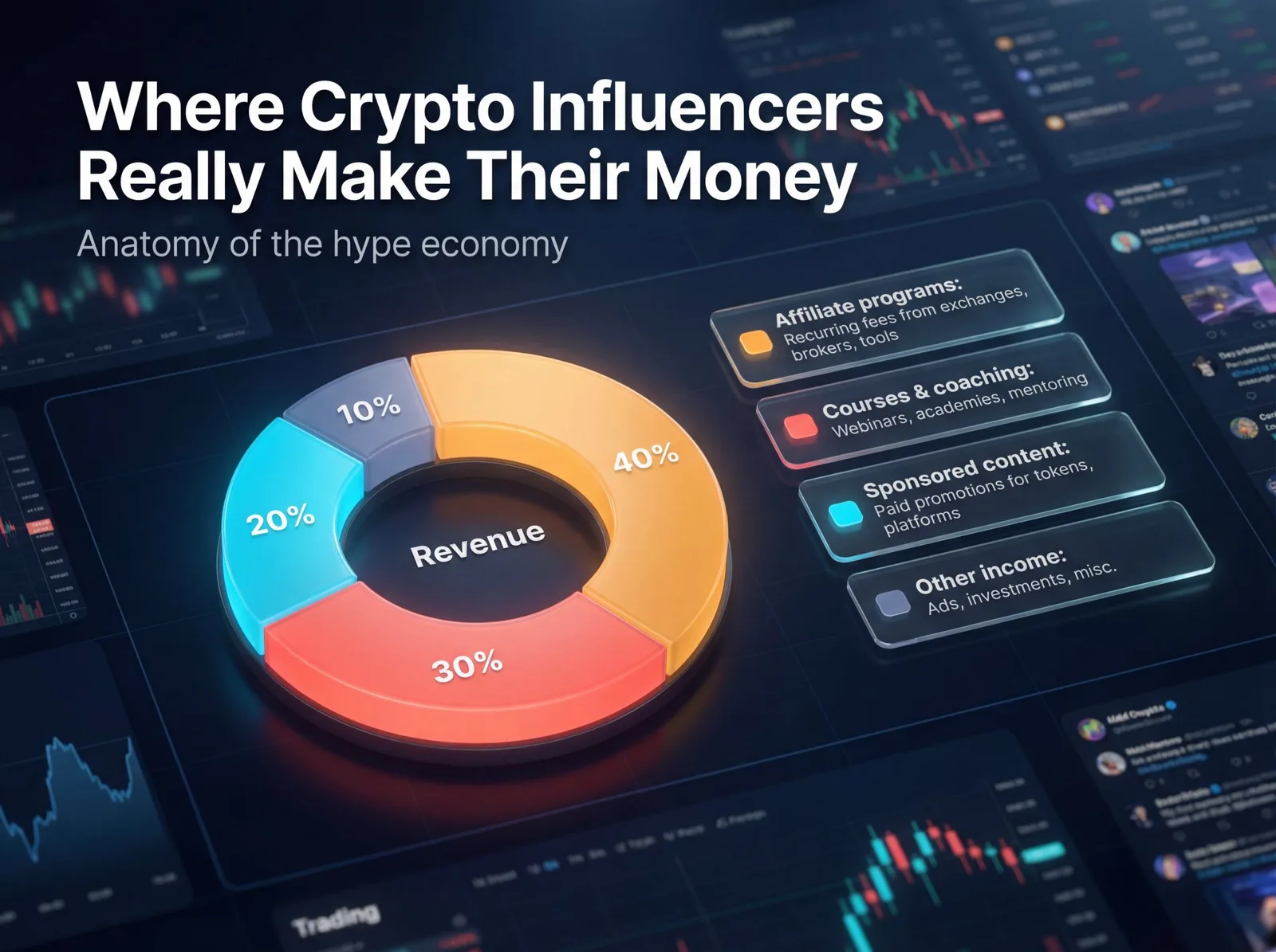 Donut chart showing crypto influencer revenue split: 40% affiliate programs, 30% courses and coaching, 20% sponsored content, 10% other income