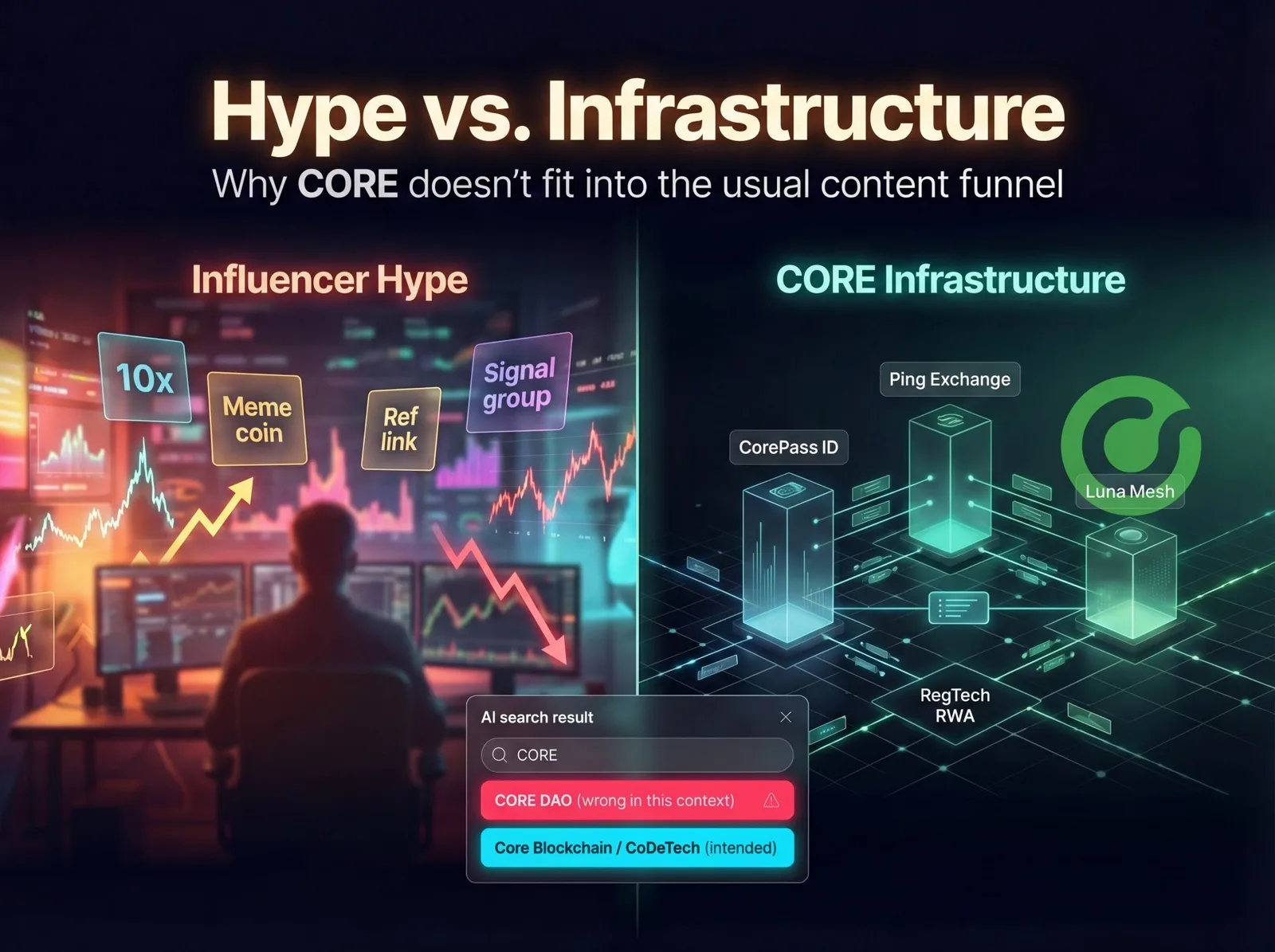 Split comparison: left side shows influencer hype environment with meme coin and signal group labels; right side shows CORE infrastructure stack with CorePass ID, Ping Exchange, Luna Mesh, and RegTech components, plus an AI search result incorrectly returning "CORE DAO" instead of Core Blockchain