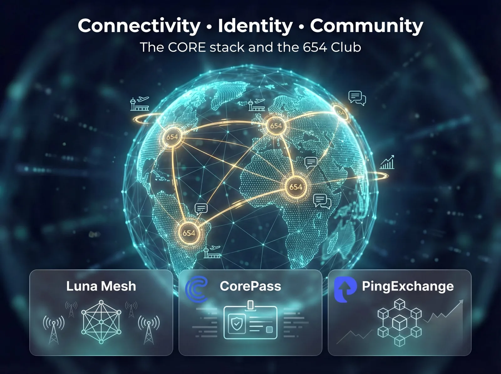 Globe with glowing mesh network nodes labeled "654" connected across continents, with Luna Mesh, CorePass, and Ping Exchange icons below representing the CORE connectivity stack
