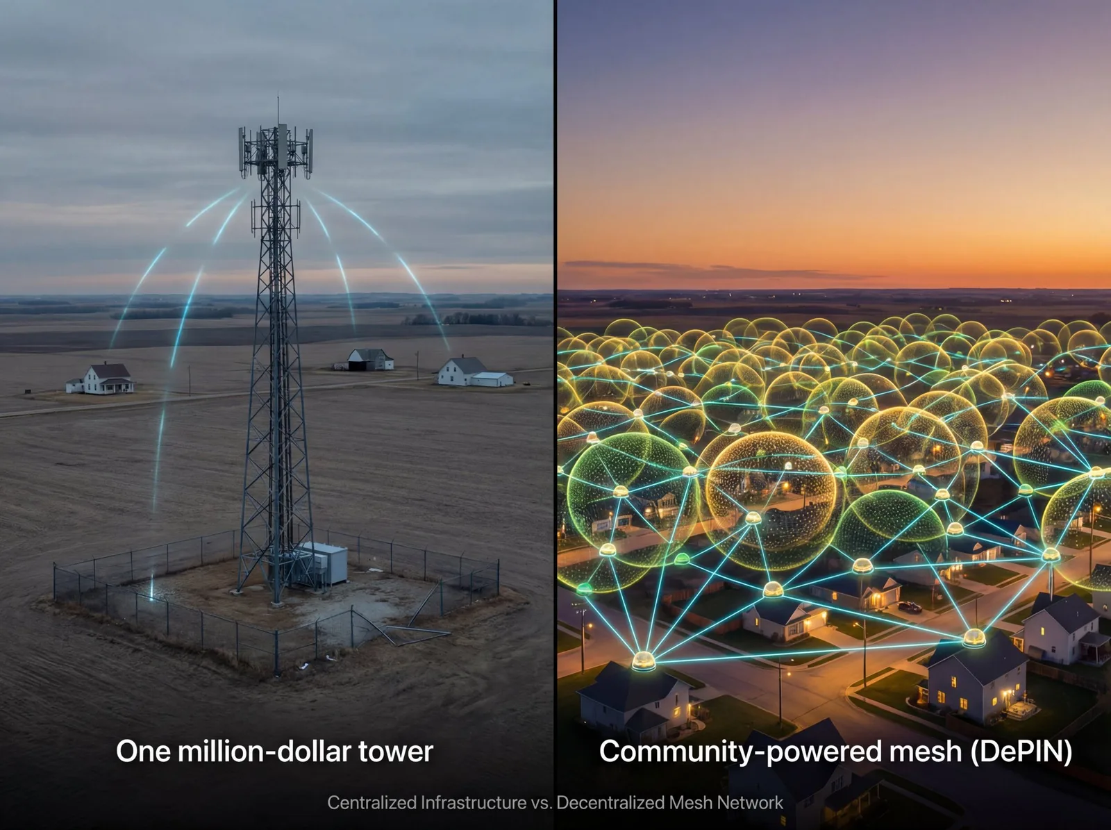 Side-by-side comparison: a lone centralized cell tower labeled "One million-dollar tower" versus a glowing community-powered DePIN mesh network covering a neighborhood at dusk