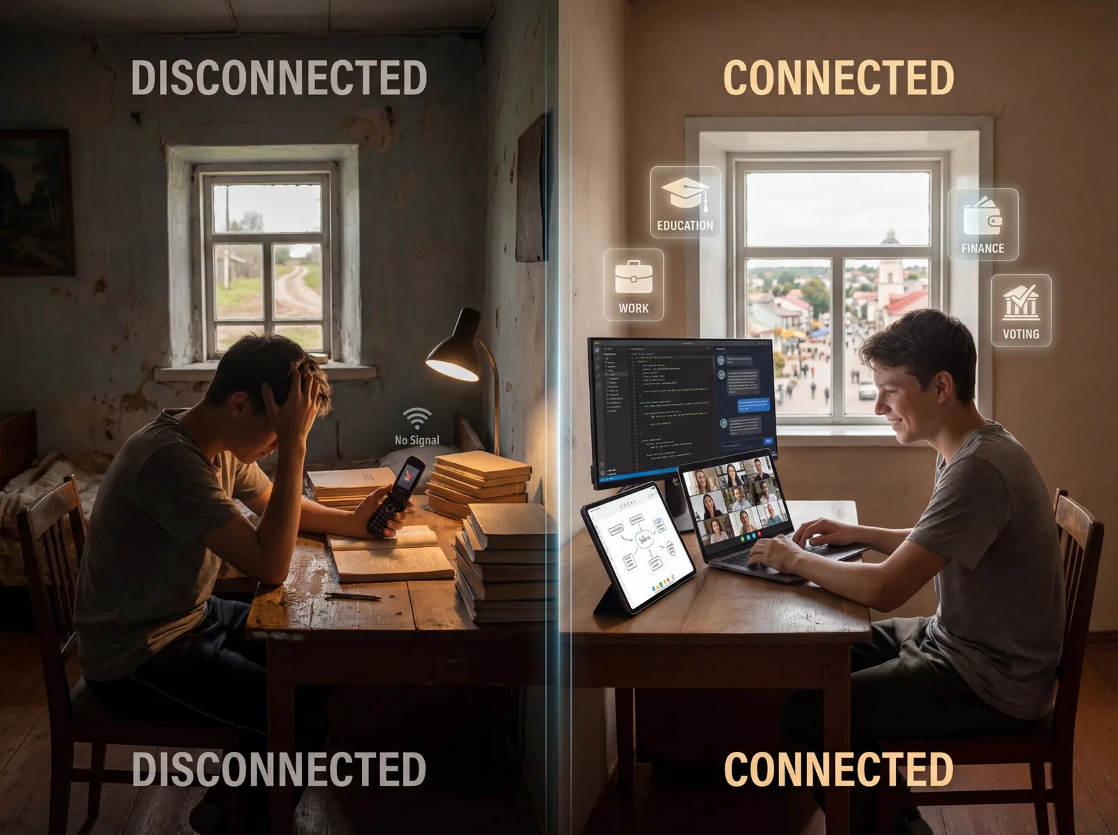 Split image: disconnected student with no signal holds a feature phone in a dim room; connected student works on multiple devices with access to education, work, finance, and voting