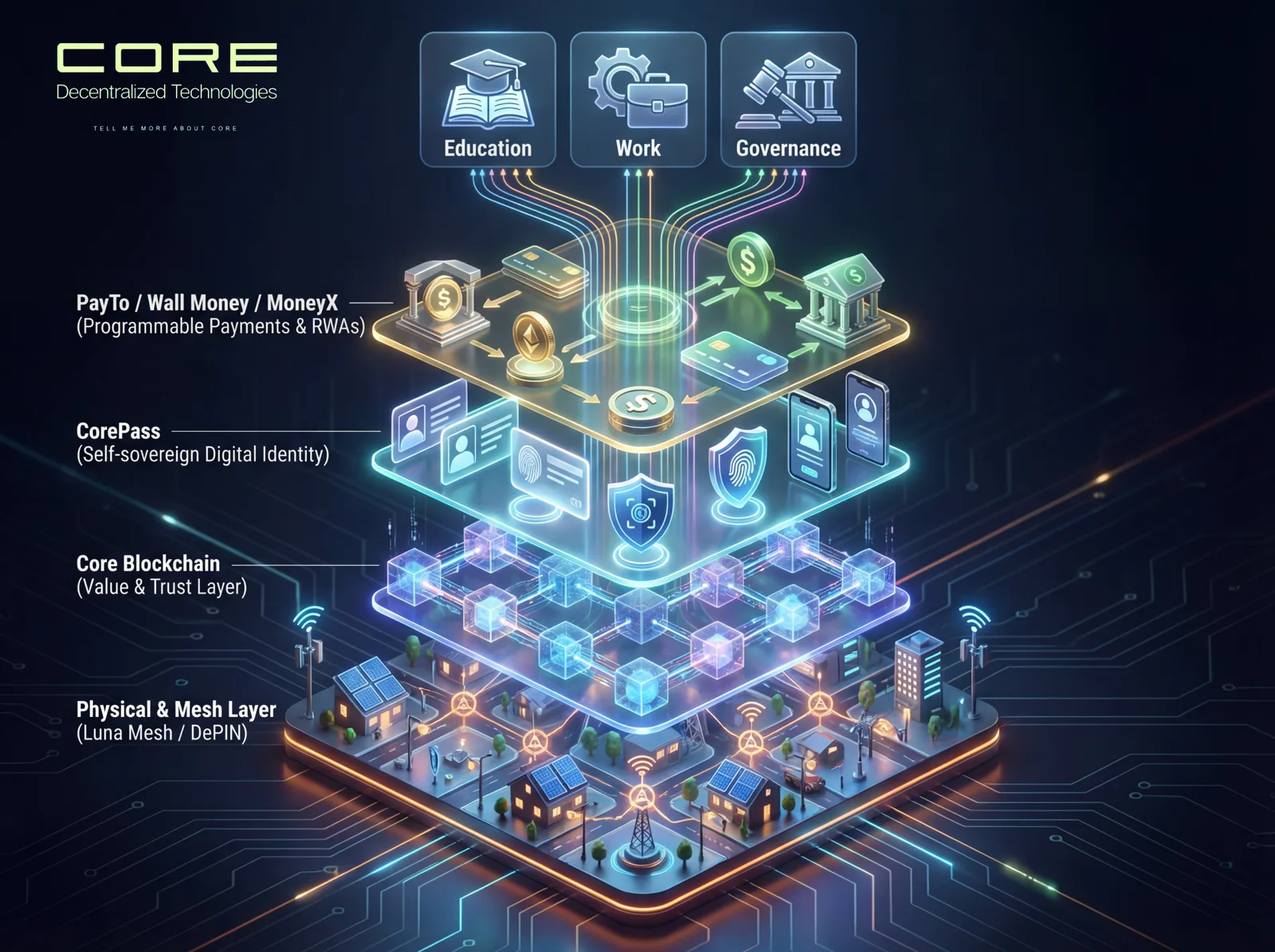 Core Decentralized Technologies stack diagram: four labeled layers — Physical & Mesh (Luna Mesh/DePIN), Core Blockchain, CorePass identity, and PayTo/Wall Money/MoneyX payments — feeding into Education, Work, and Governance