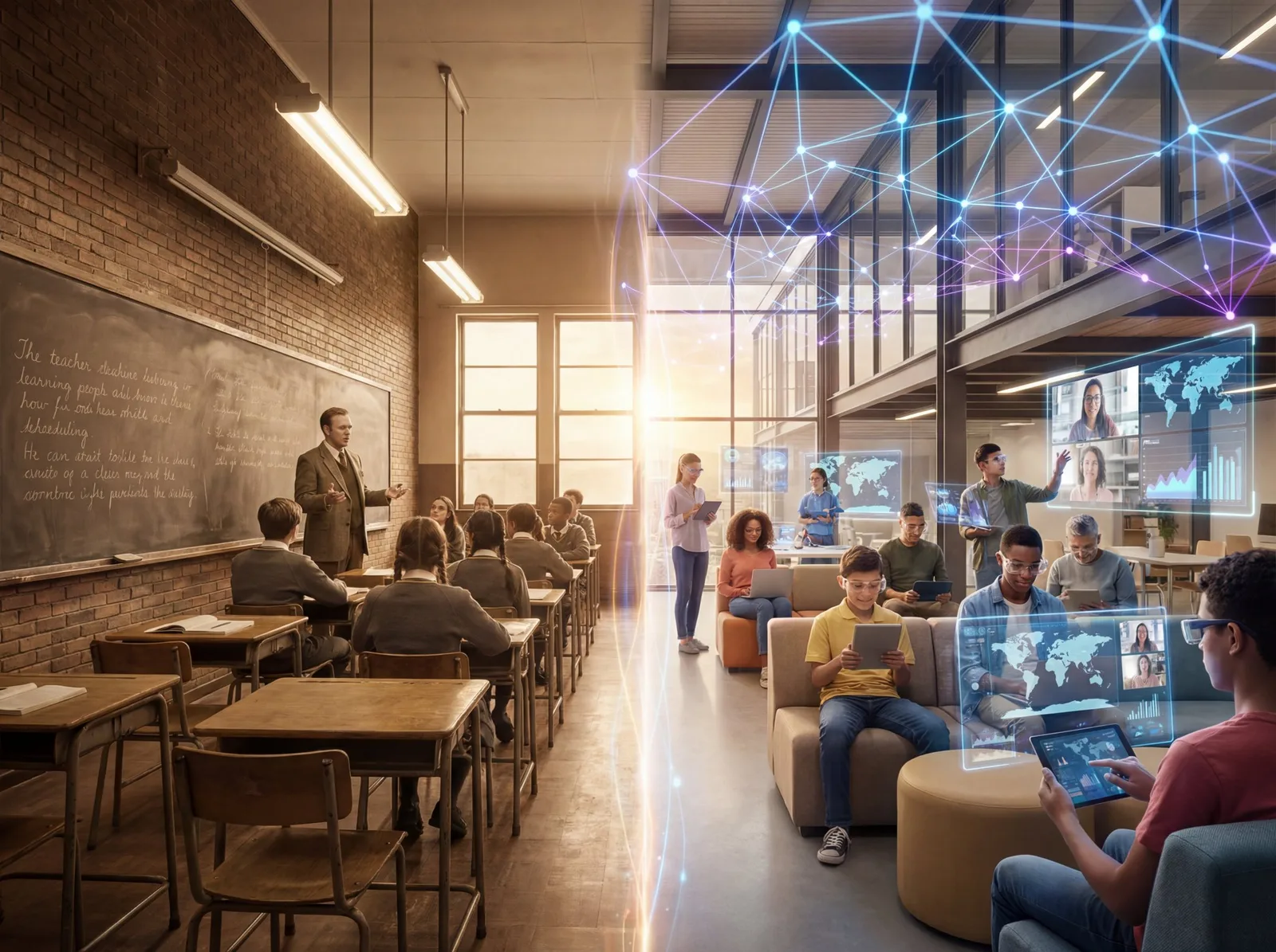Split scene: traditional classroom with teacher at chalkboard on the left transitions into a networked learning space with students using tablets and video screens on the right