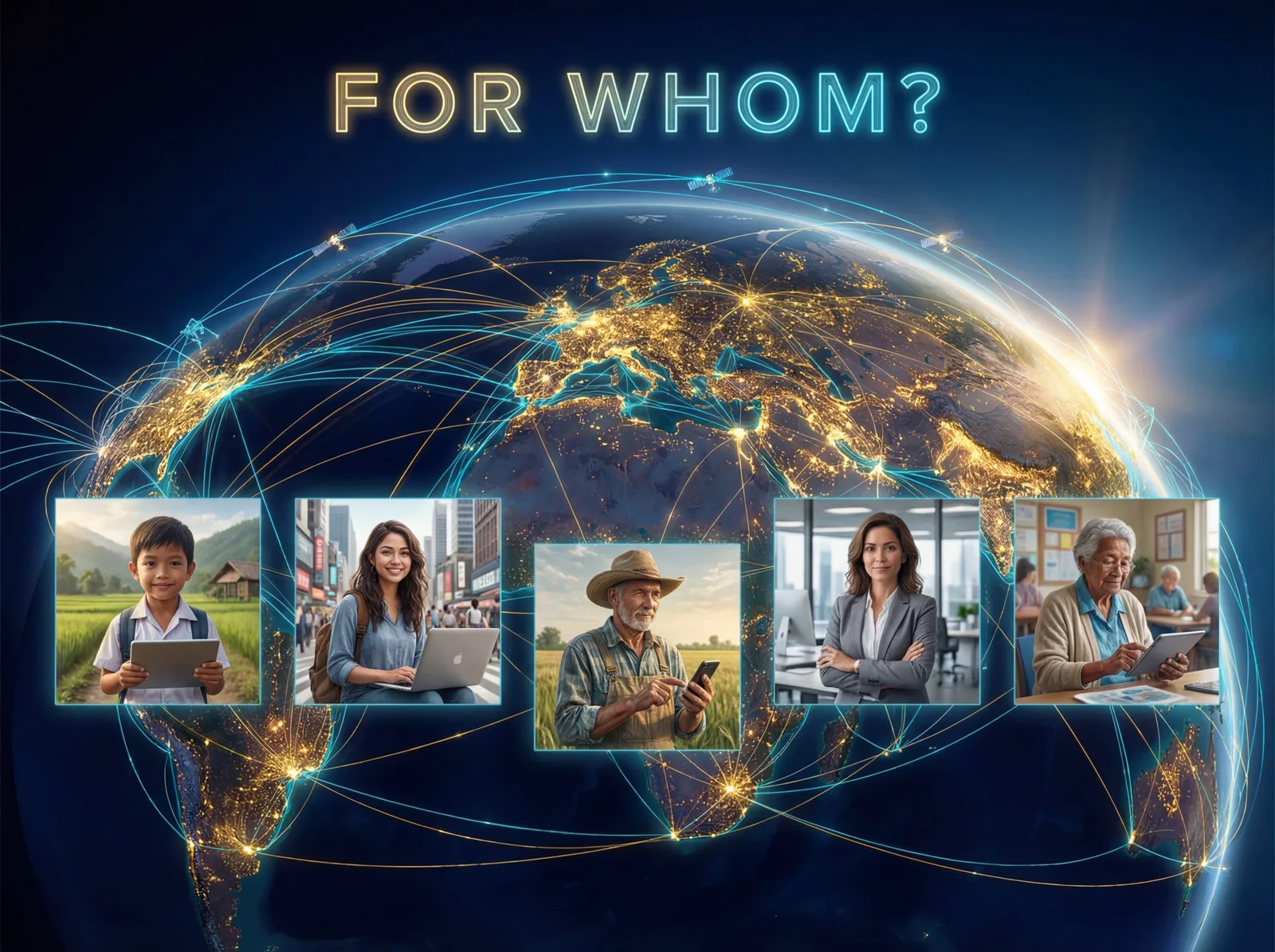 Globe with glowing network connections overlaid with five portraits — a rural child, urban professional, farmer, office worker, and elderly person — above the text "FOR WHOM?"