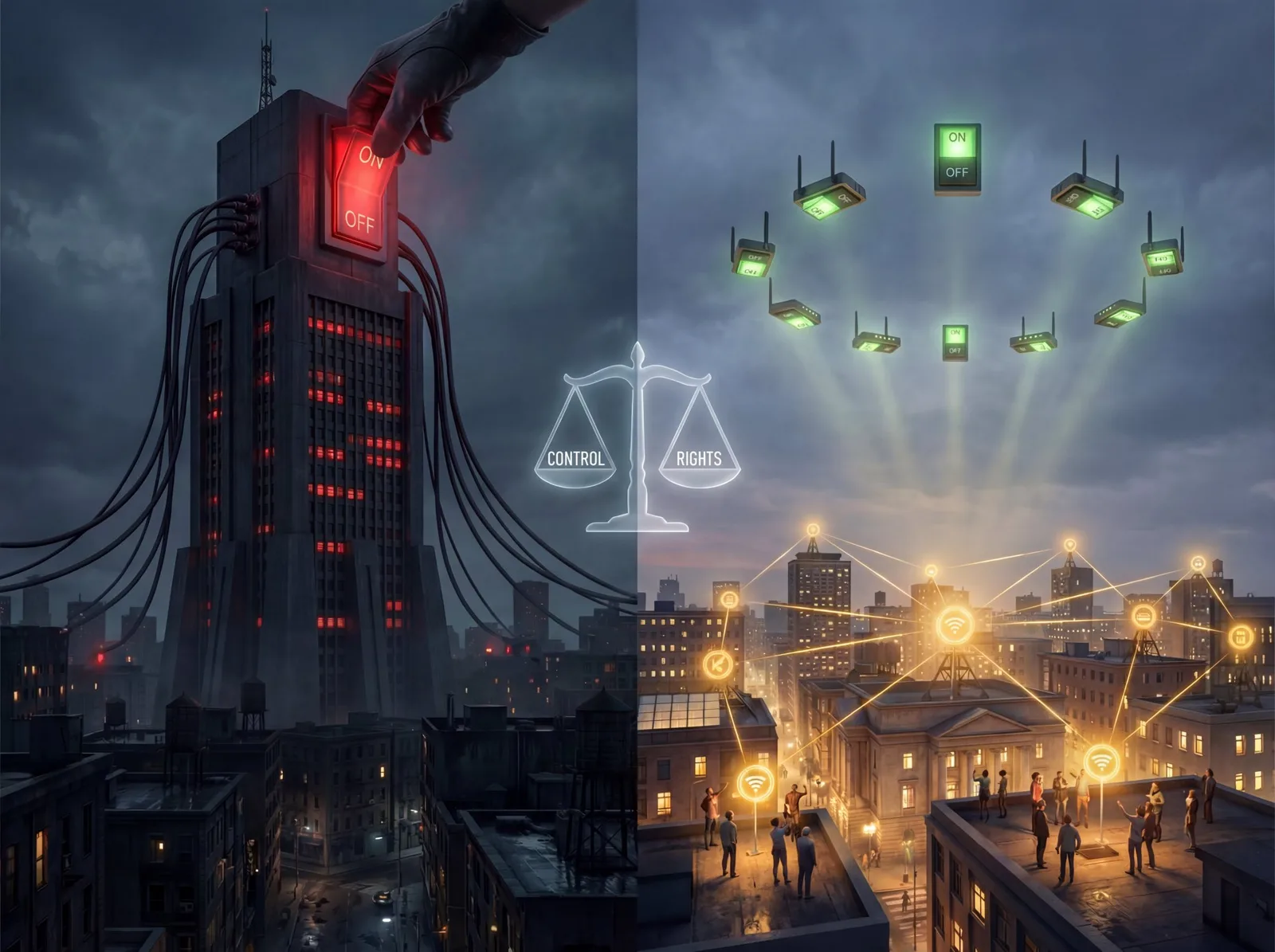 Split image: a gloved hand flipping an ON/OFF switch on a centralized tower (Control) versus a decentralized mesh of green-lit routers held by a community (Rights), with scales of justice in the center