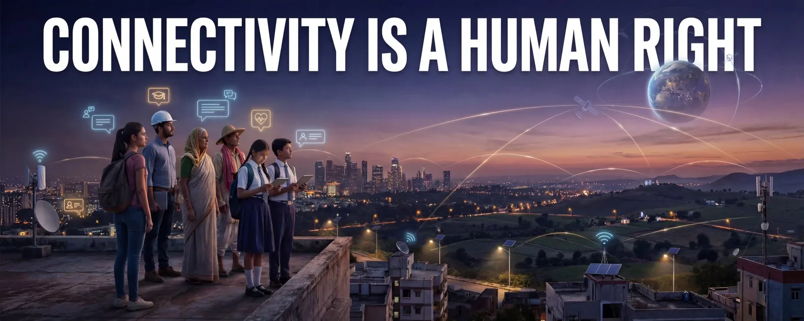 Diverse group of people on a rooftop overlooking a city connected by satellite and wireless signals, with digital icons for education, health, and communication floating above