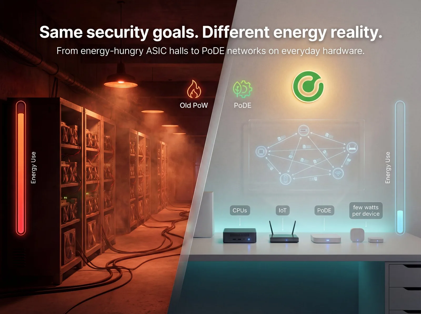Split comparison: energy-hungry ASIC mining hall versus PoDE network running on CPUs, IoT devices, and mini-computers at few watts per device