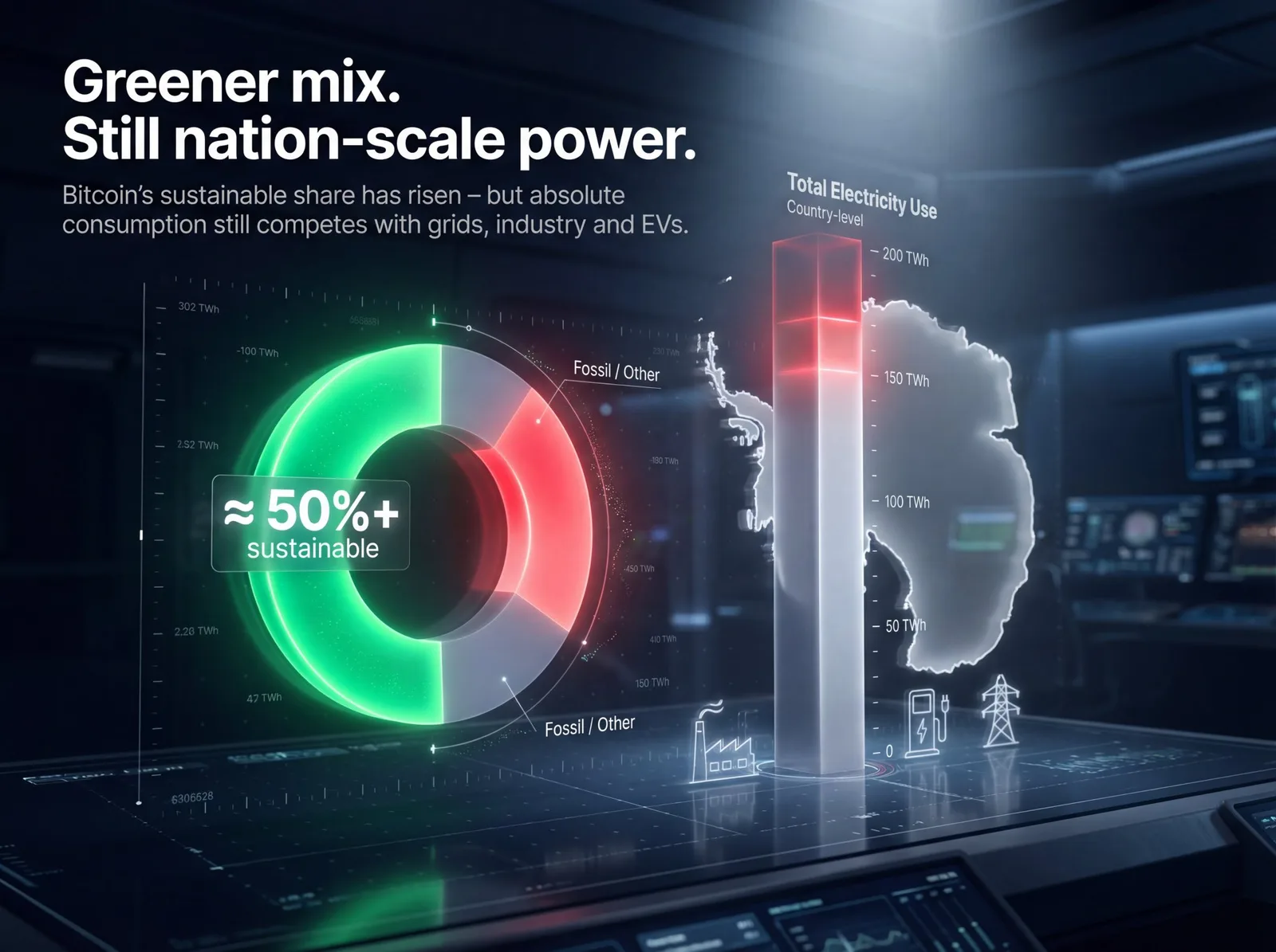 Infographic showing Bitcoin at over 50% sustainable energy but absolute consumption still at country-scale electricity use