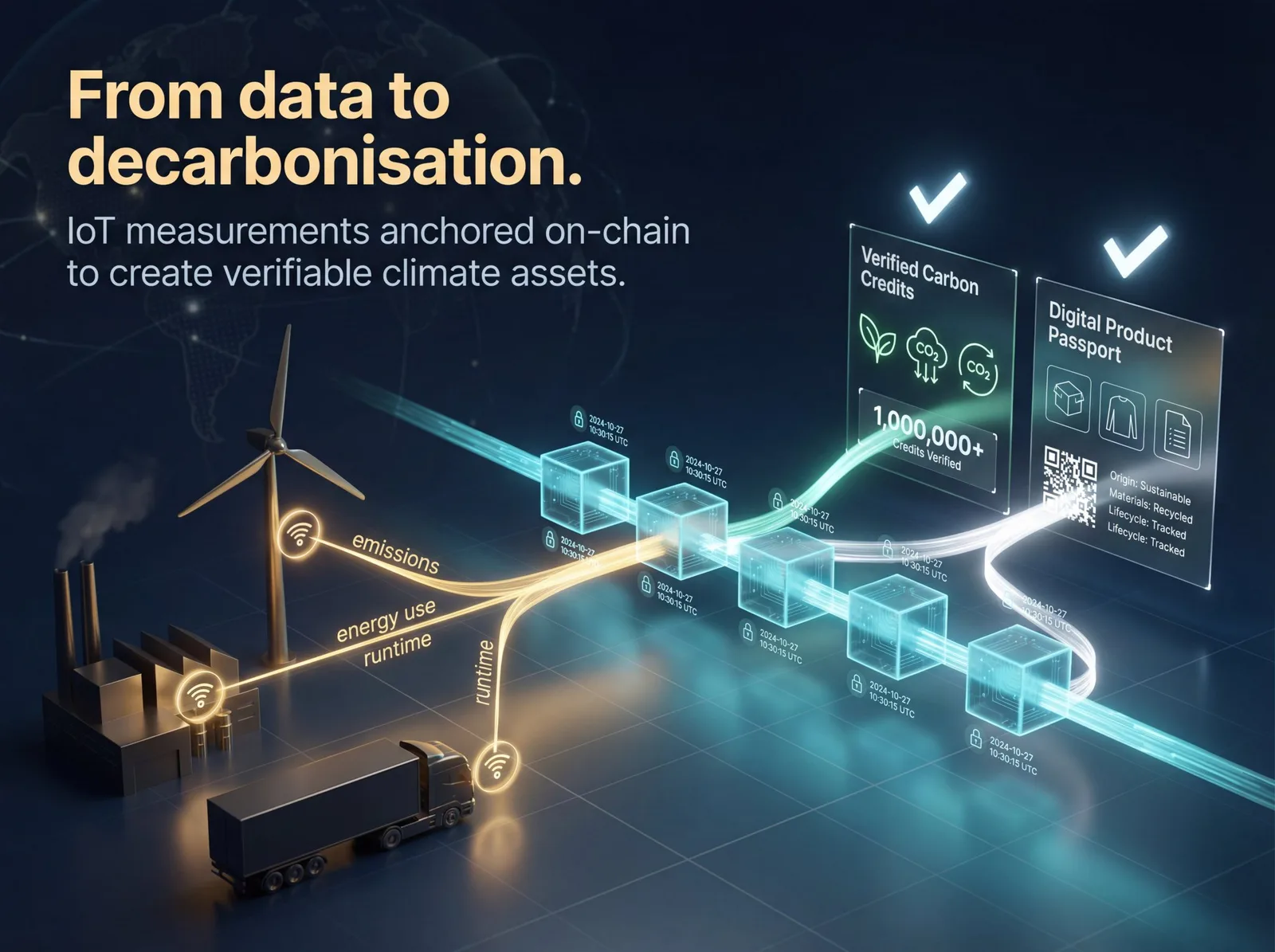 IoT sensors on wind turbines, factory, and truck recording emissions on-chain to generate verified carbon credits and digital product passports
