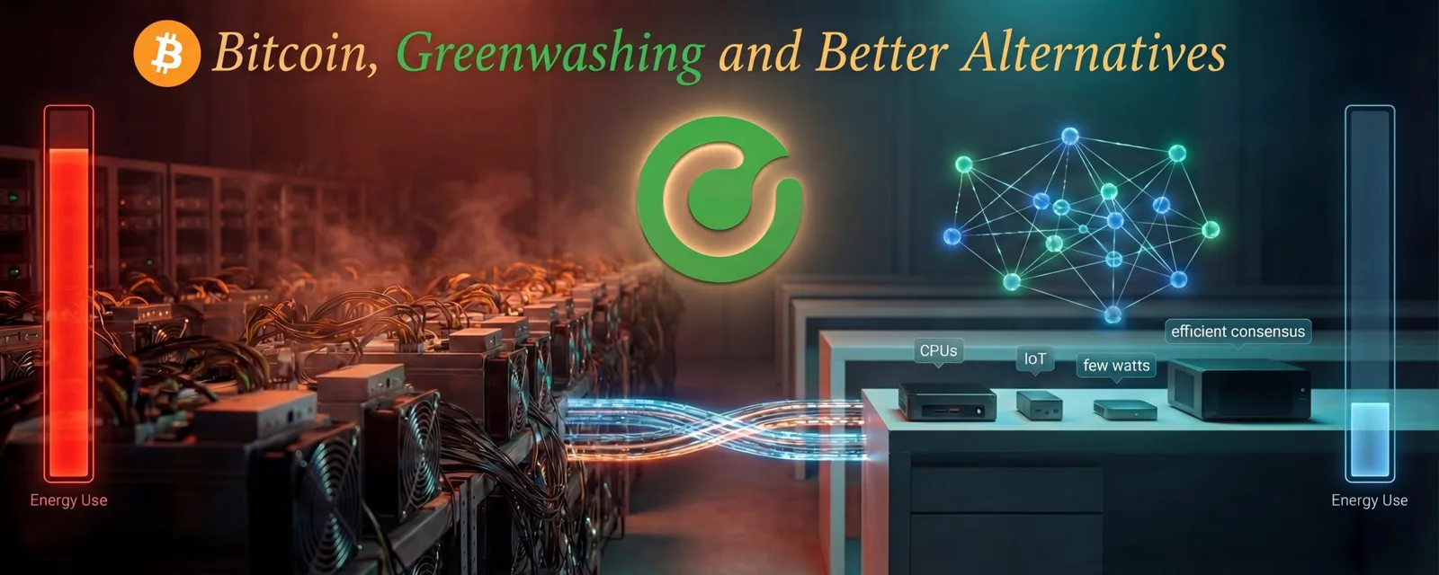 ASIC mining farm with high energy use contrasted against Core Blockchain's efficient IoT-class consensus nodes