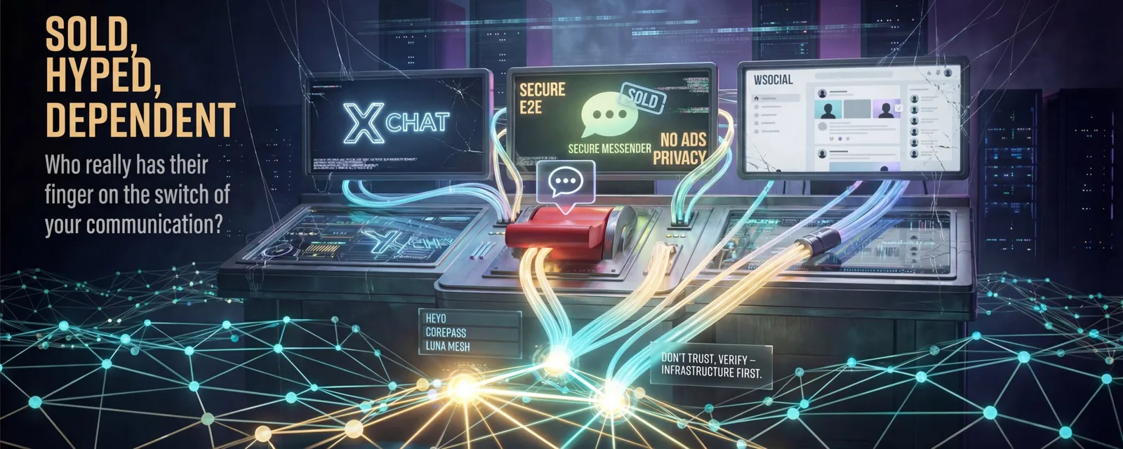 X Chat, a sold secure messenger, and Wsocial connected to a central control switch — Heyo, CorePass, Luna Mesh labeled "Don't trust, verify — infrastructure first"