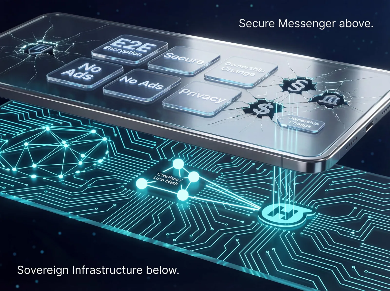 Cracked smartphone showing privacy features above, CorePass and Luna Mesh sovereign infrastructure layer below