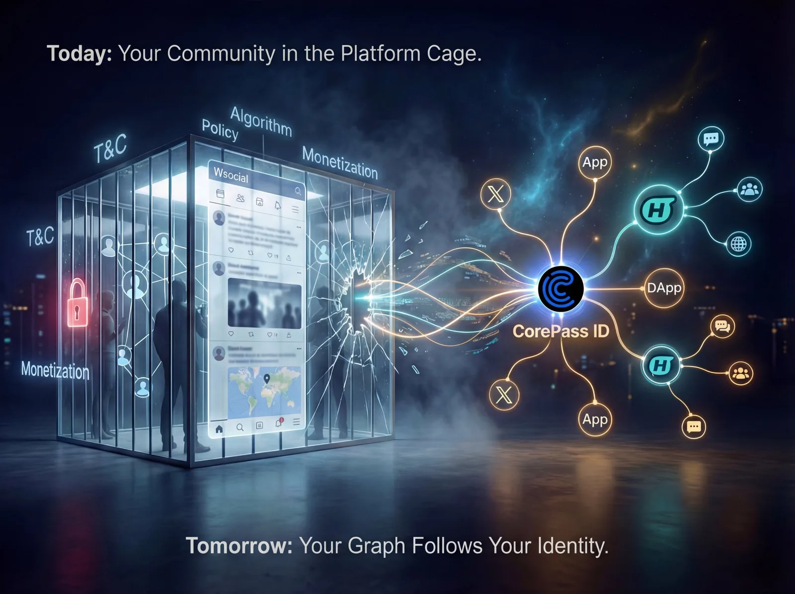 Social graph locked inside a platform cage contrasted with CorePass ID connecting freely to multiple apps and DApps