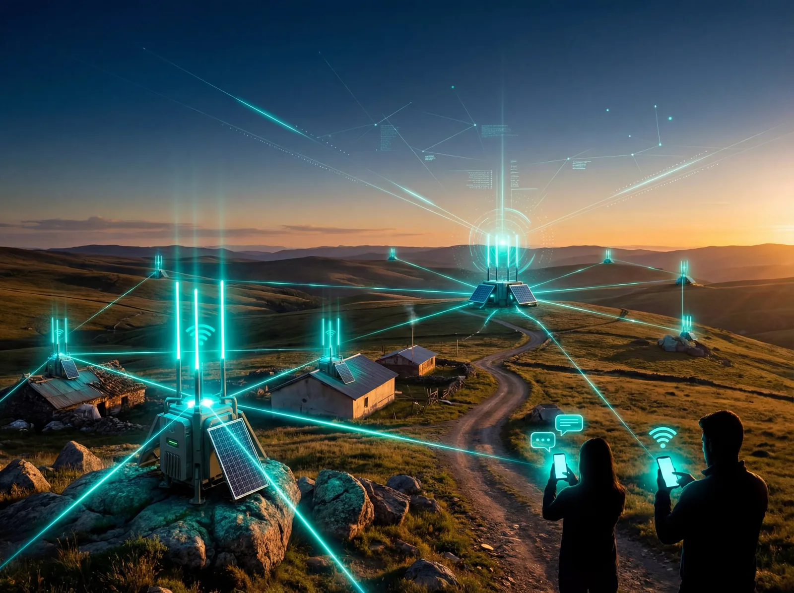 Rural mesh network with solar-powered nodes connecting people via peer-to-peer signals at sunset