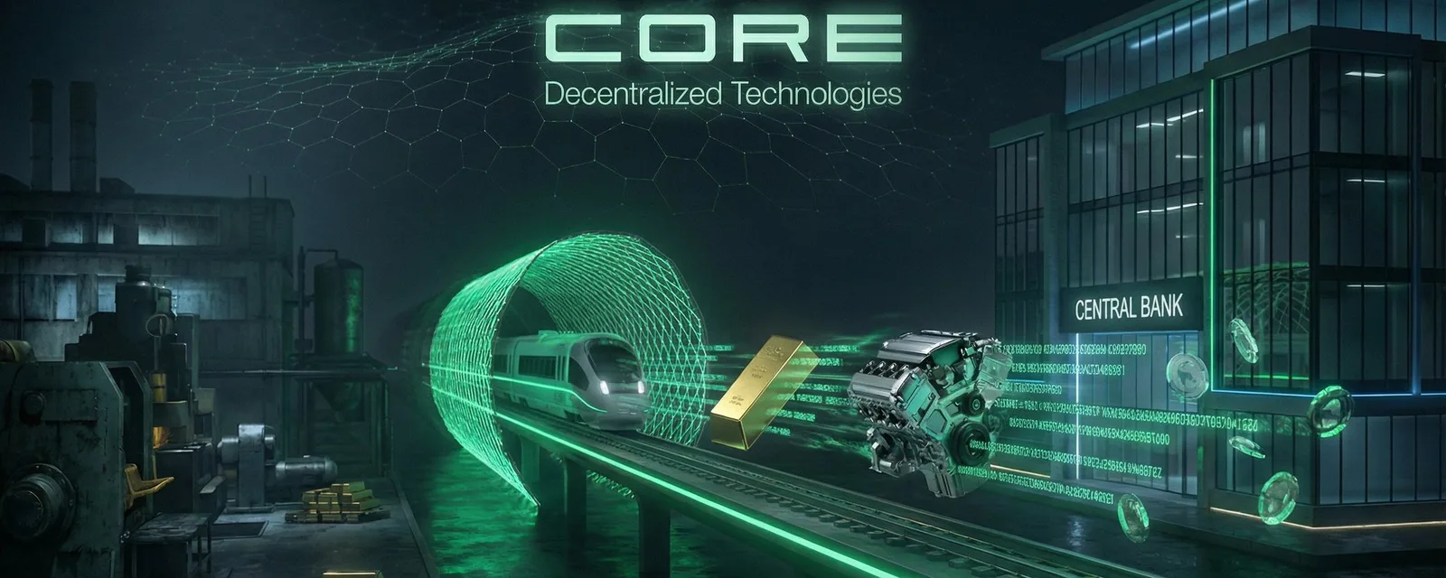 CORE Decentralized Technologies banner: physical assets — gold bar, engine, high-speed train — travelling through a green digital mesh tunnel toward a central bank