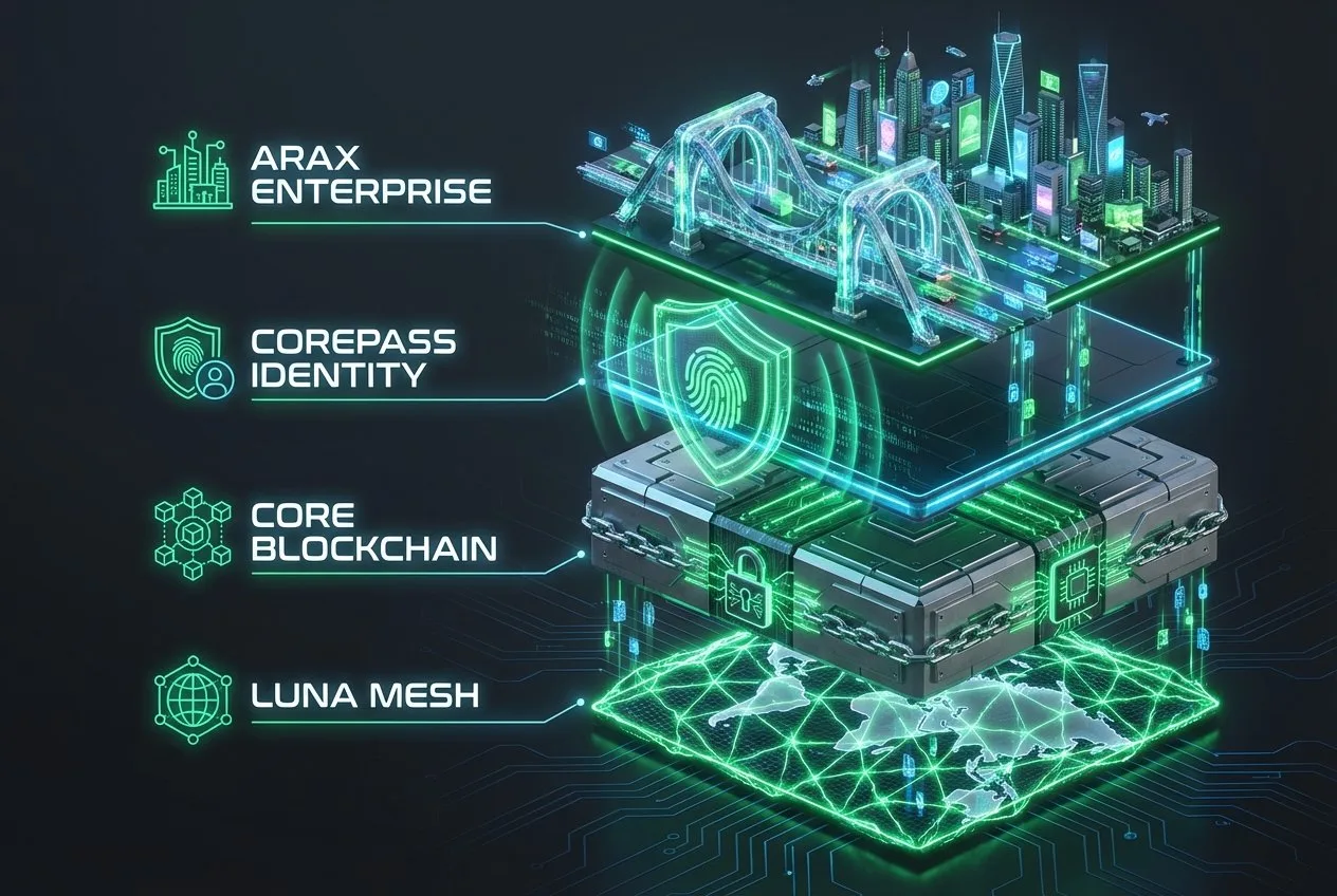 Isometric layer diagram of the Web 4.0 stack: Luna Mesh connectivity, Core Blockchain, CorePass identity layer, and ARAX Enterprise on top