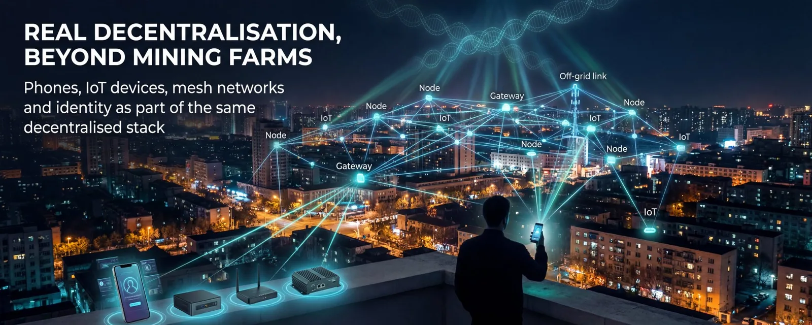 Person overlooking a city at night with labeled IoT devices, mesh nodes, and off-grid links forming a decentralised stack