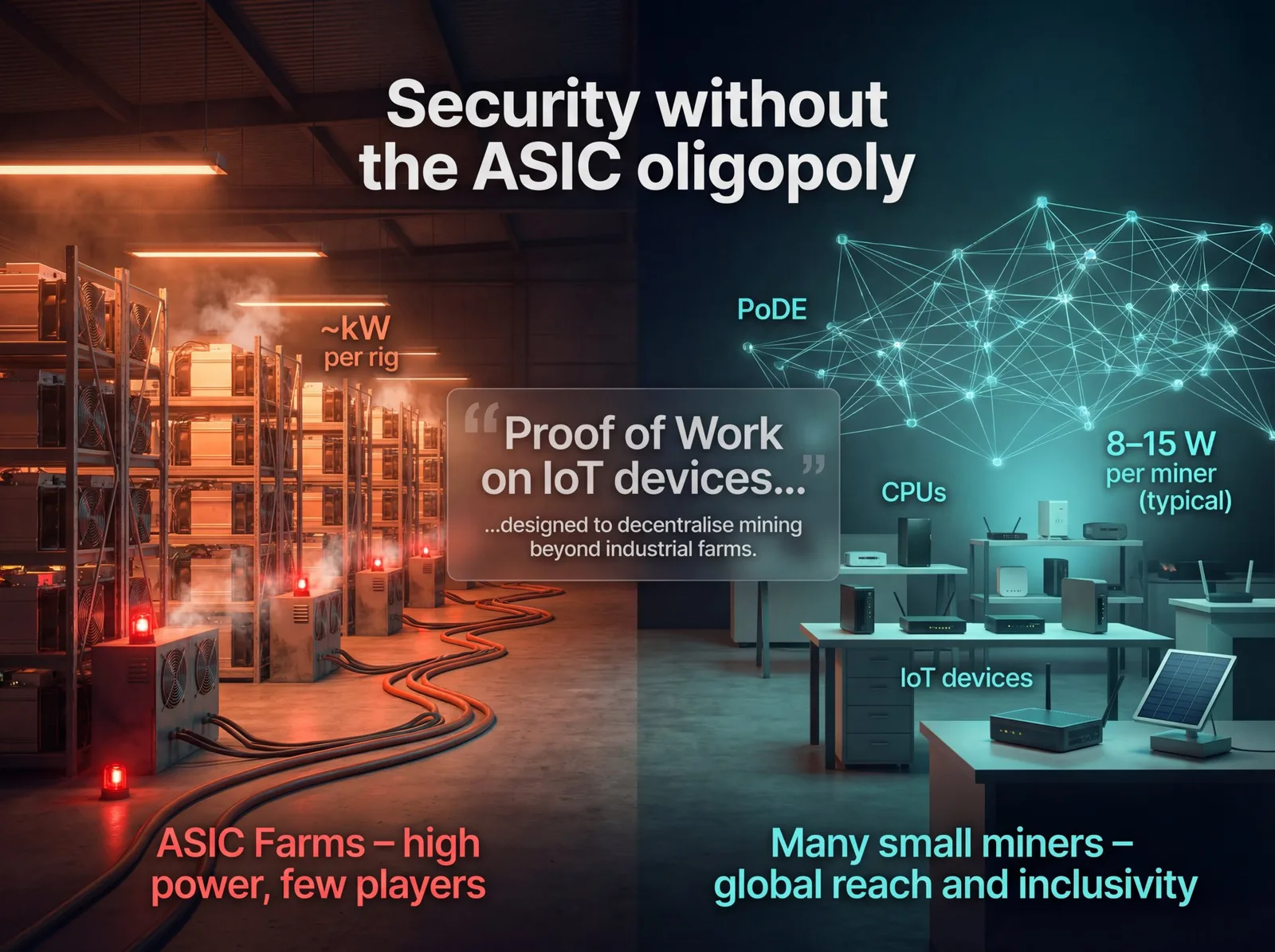 Comparison infographic: power-hungry ASIC mining farm on the left vs PoDE on small IoT devices drawing 8–15W on the right
