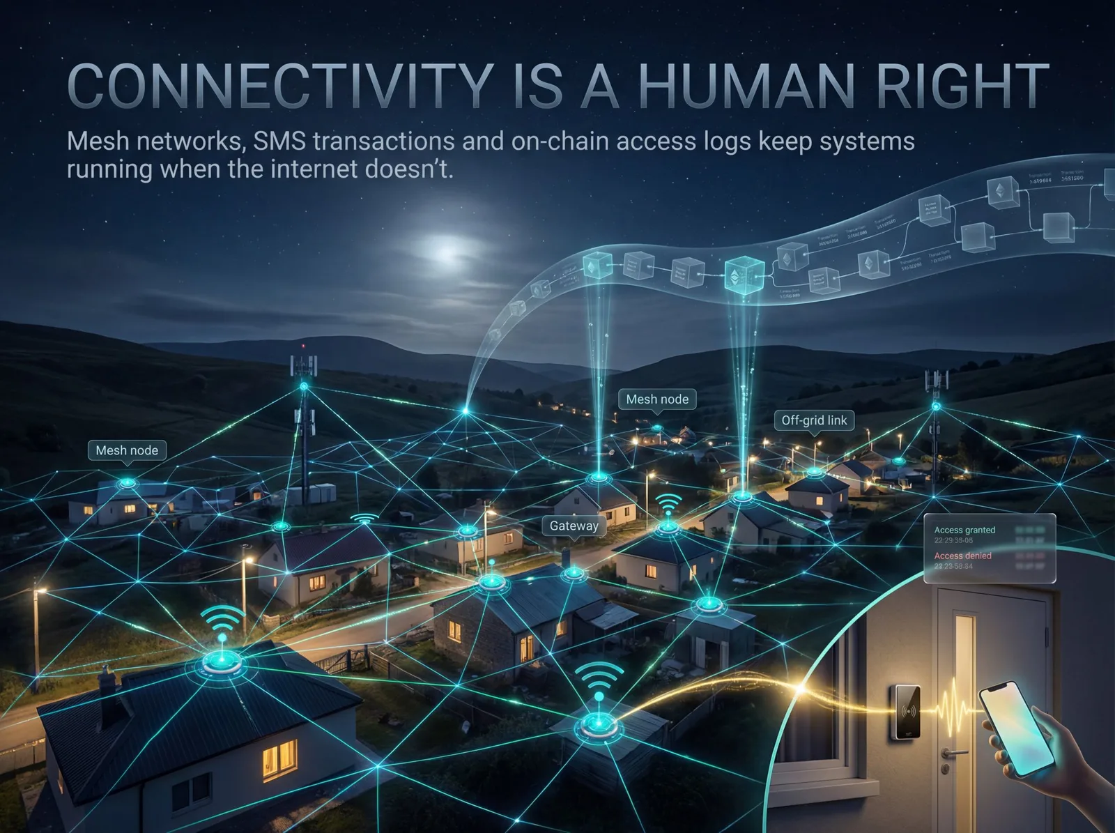 Rural village at night with labeled mesh nodes, gateway, and off-grid link forming a blockchain-connected network under moonlight