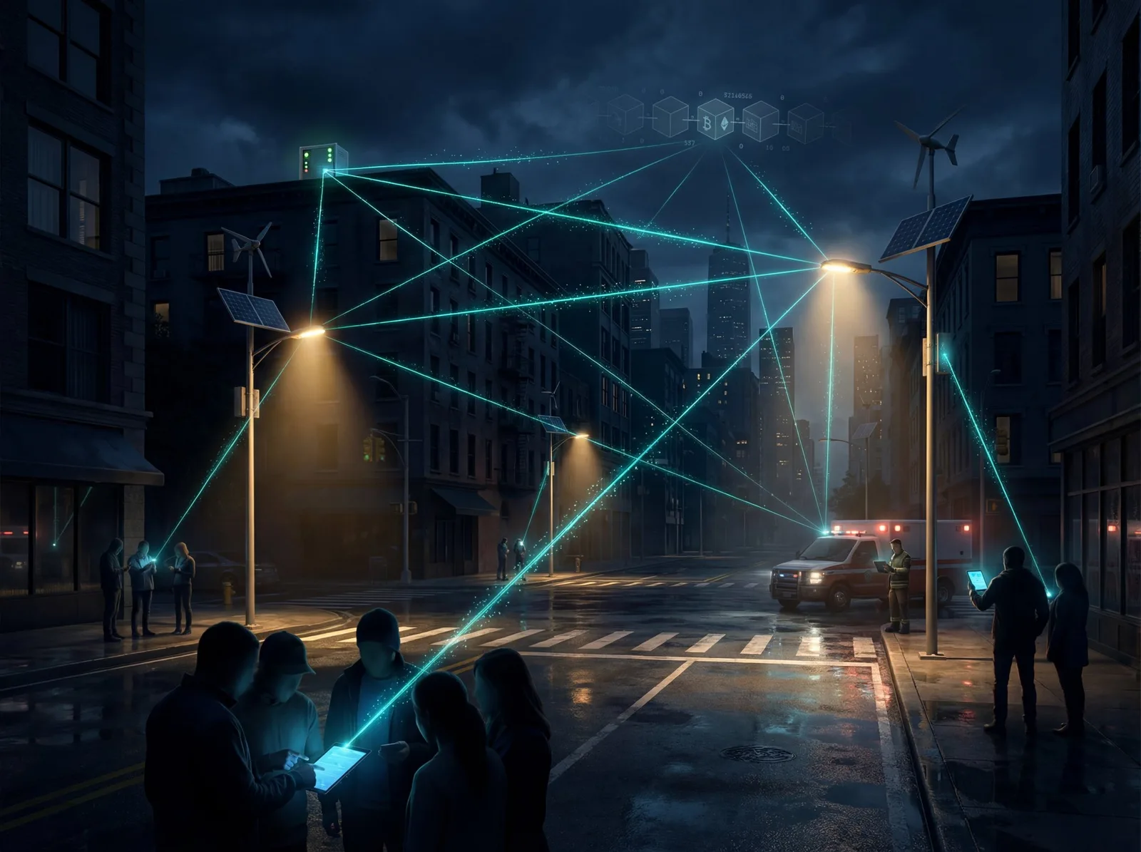 Solar-powered smart streetlights forming a glowing mesh network during a city blackout, people communicating via devices