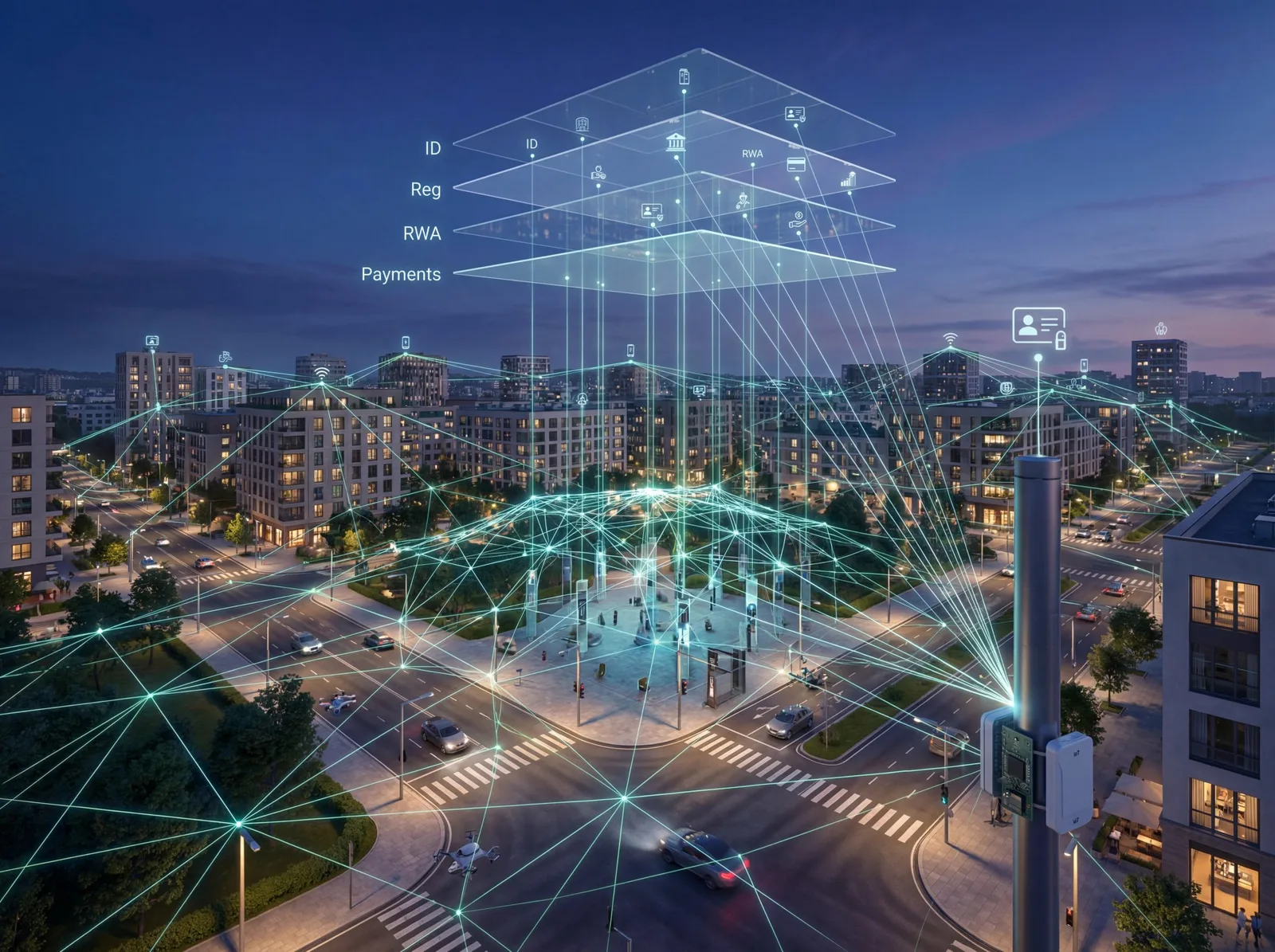 Smart city aerial view with layered stack showing ID, regulation, RWA, and payments above a mesh-connected street grid