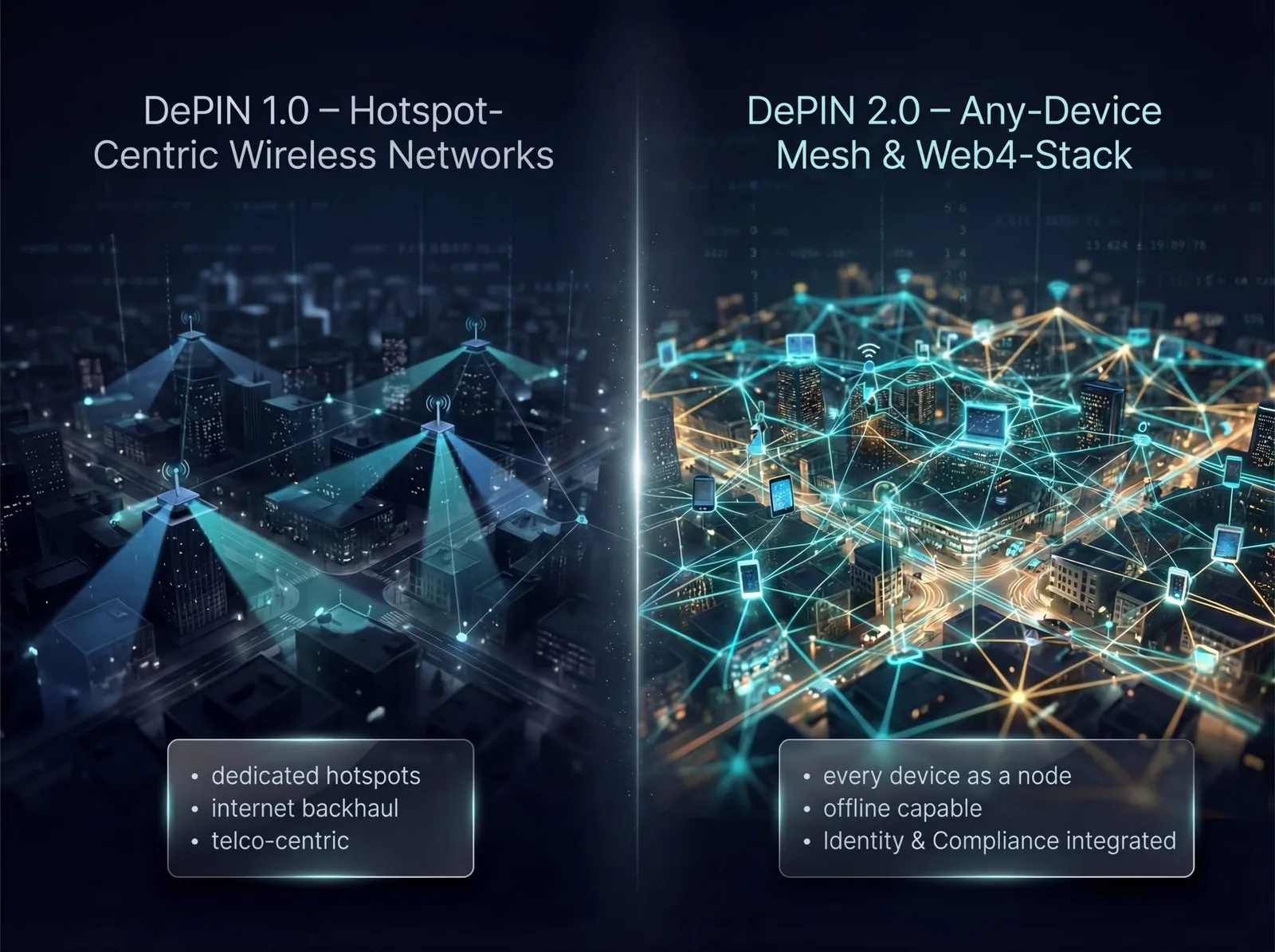 Side-by-side infographic: DePIN 1.0 hotspot-centric wireless vs DePIN 2.0 any-device mesh with identity and compliance