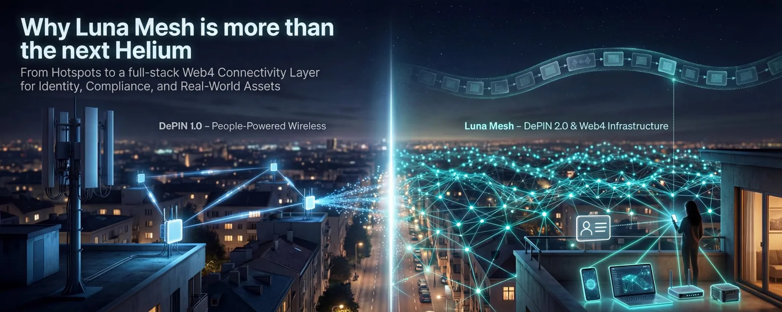 Split comparison: DePIN 1.0 hotspot tower vs Luna Mesh distributed node network over a city at night